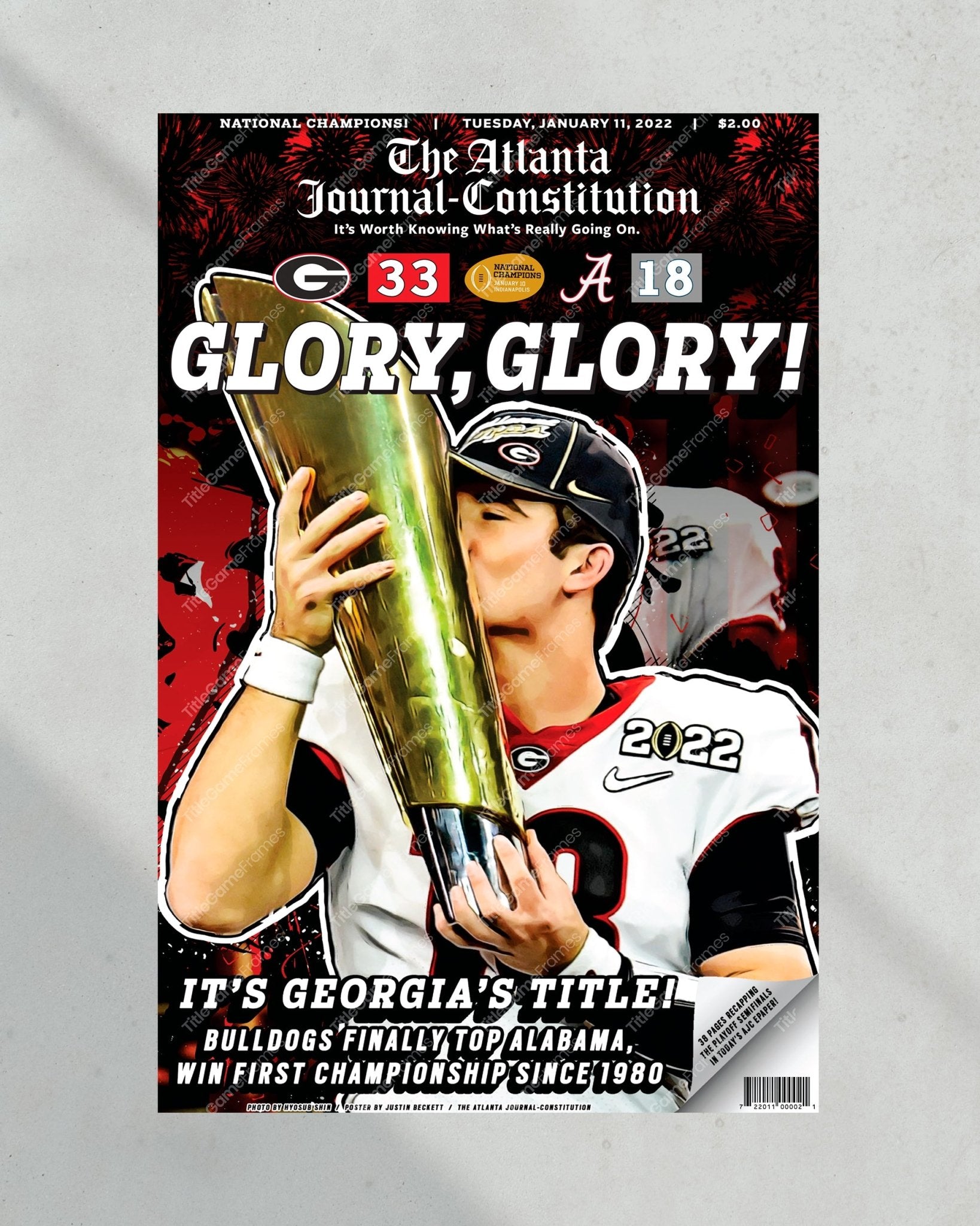 2022 Georgia Bulldogs 'Glory Glory' College Football National Champions Framed Front Page Newspaper Print - Title Game Frames