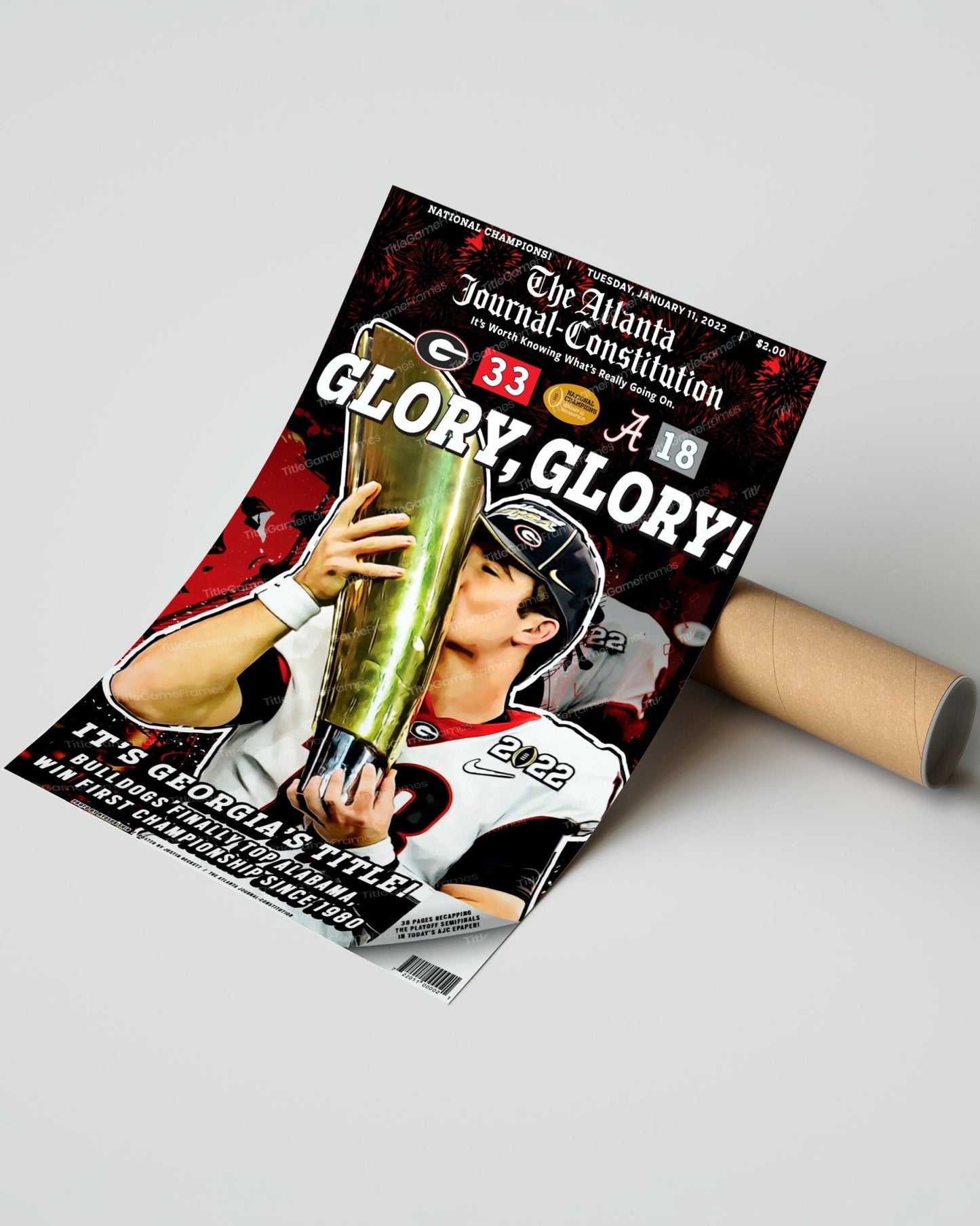 2022 Georgia Bulldogs 'Glory Glory' College Football National Champions Framed Front Page Newspaper Print - Title Game Frames