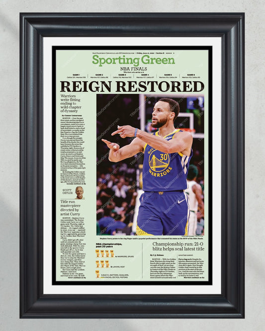 2022 Golden State Warriors “Reign Restored” NBA Champion Framed Front Page Newspaper Print - Title Game Frames