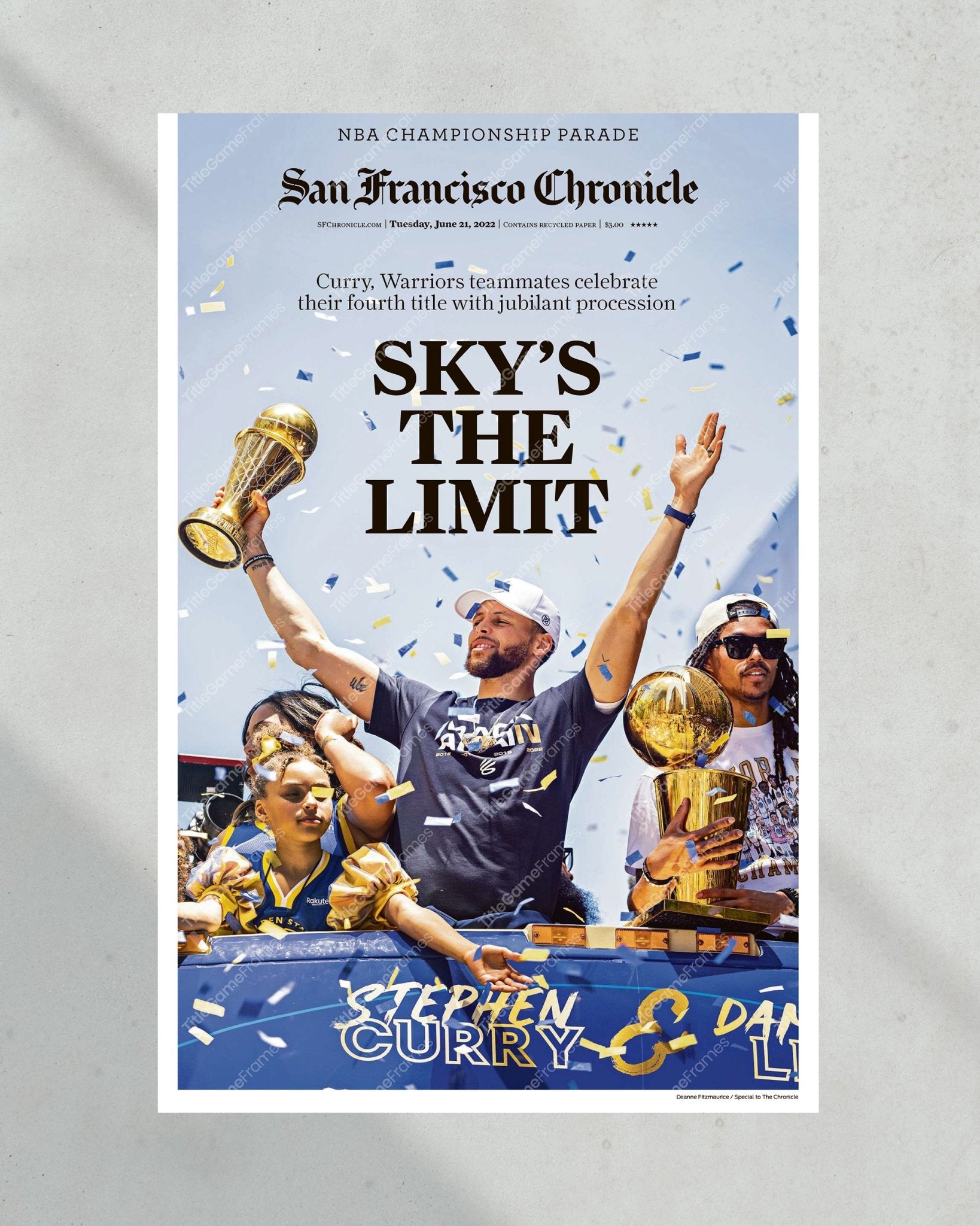 2022 Golden State Warriors “Sky’s The Limit” Parade NBA Champions Framed Front Page Newspaper Print - Title Game Frames