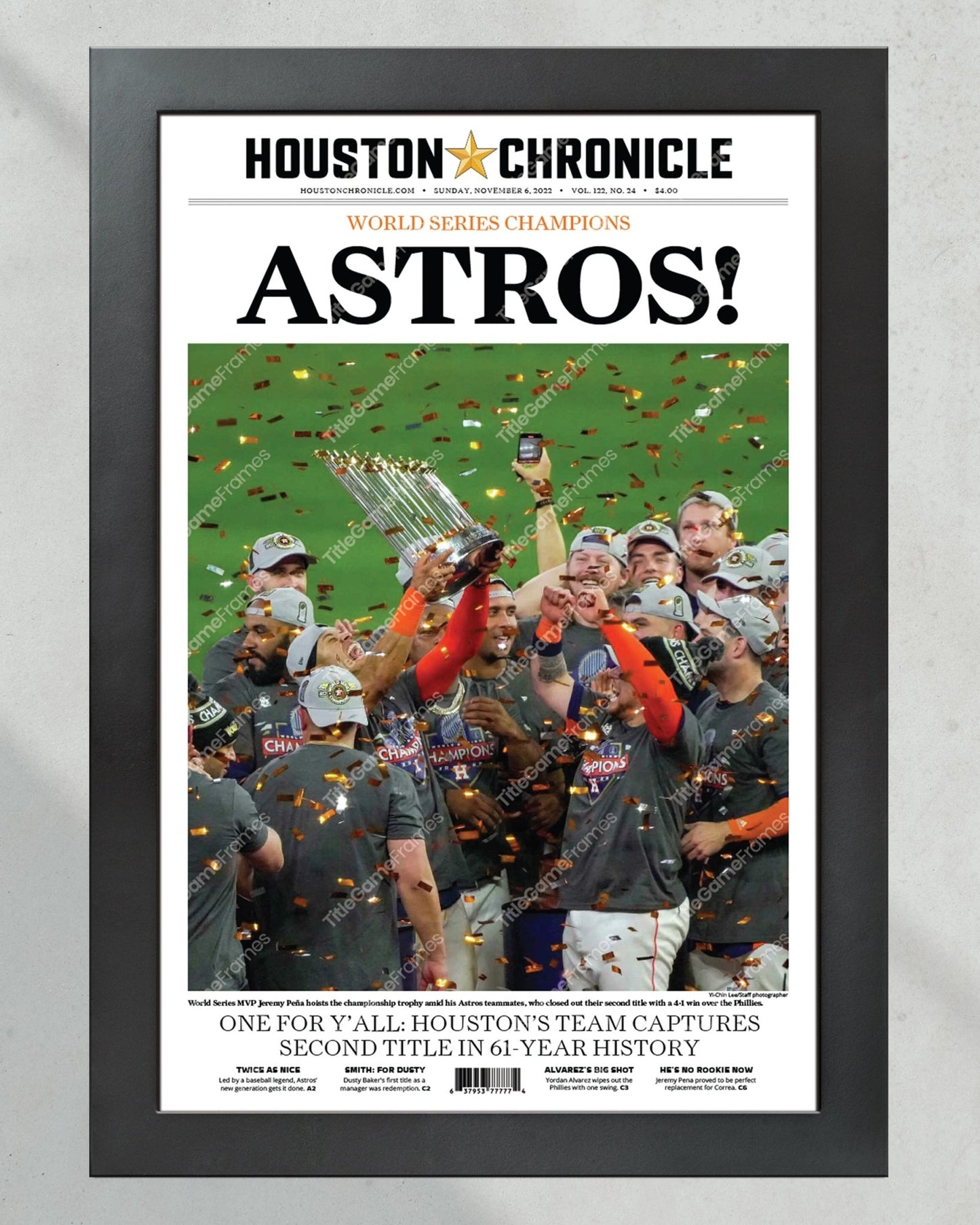 2022 Houston Astros “Astros!” World Series Framed Front Page Newspaper Print - Title Game Frames