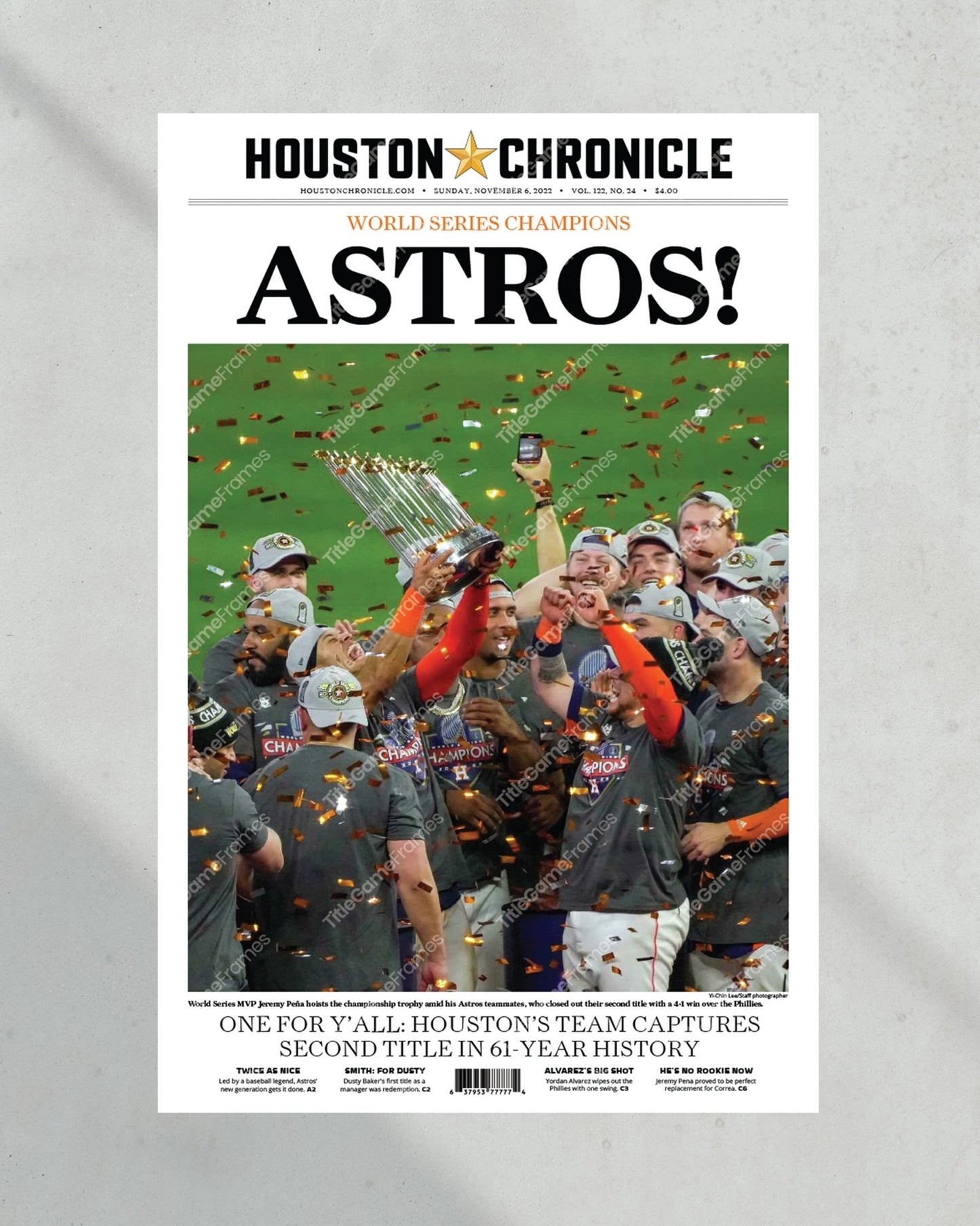 2022 Houston Astros “Astros!” World Series Framed Front Page Newspaper Print - Title Game Frames