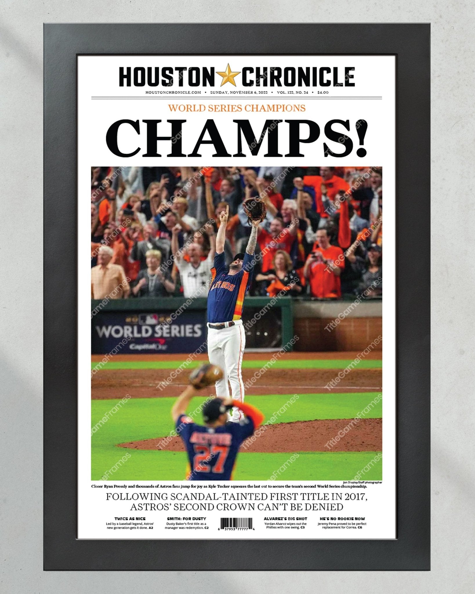 2022 Houston Astros “Champs” World Series Framed Front Page Newspaper Print - Title Game Frames