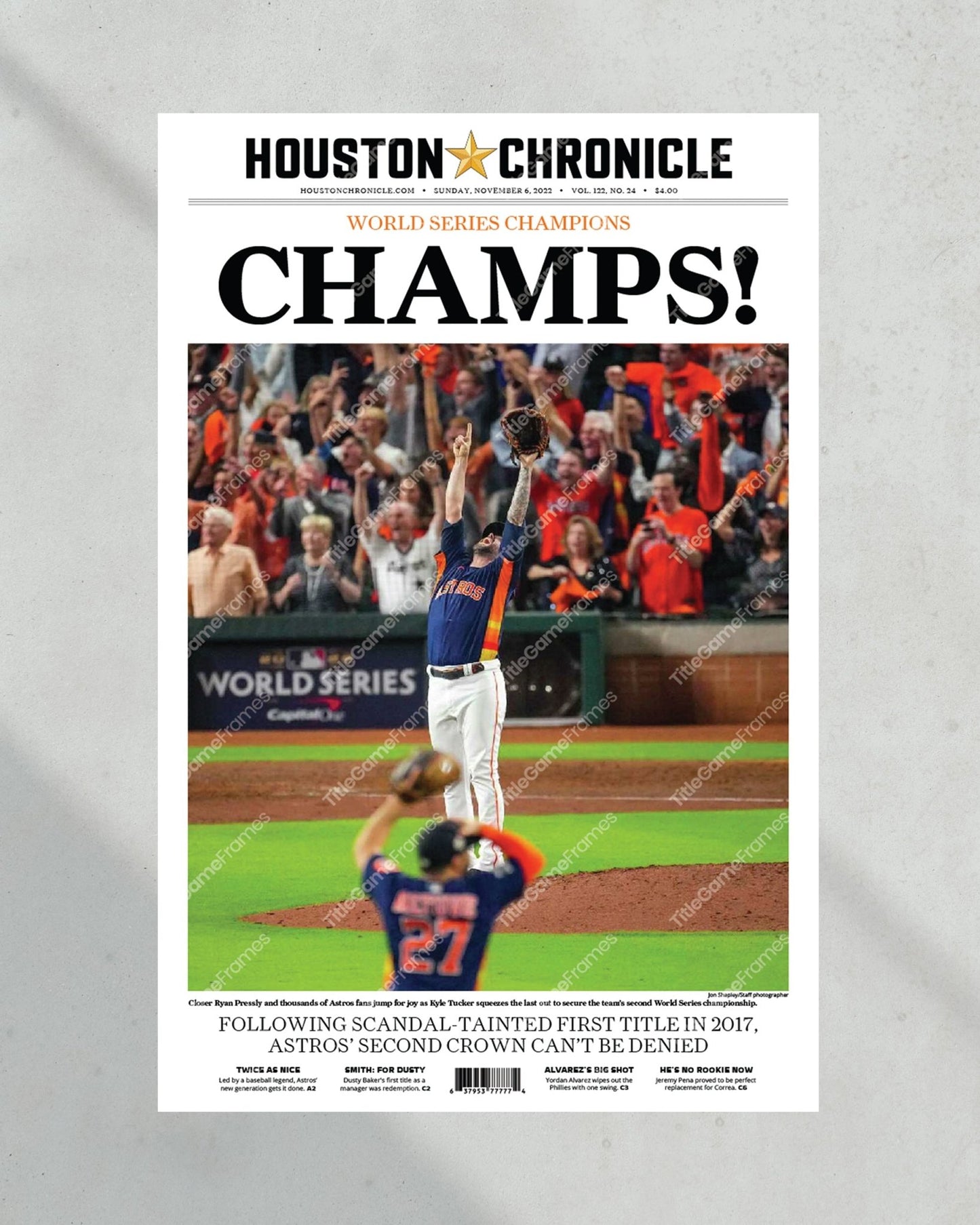 2022 Houston Astros “Champs” World Series Framed Front Page Newspaper Print - Title Game Frames