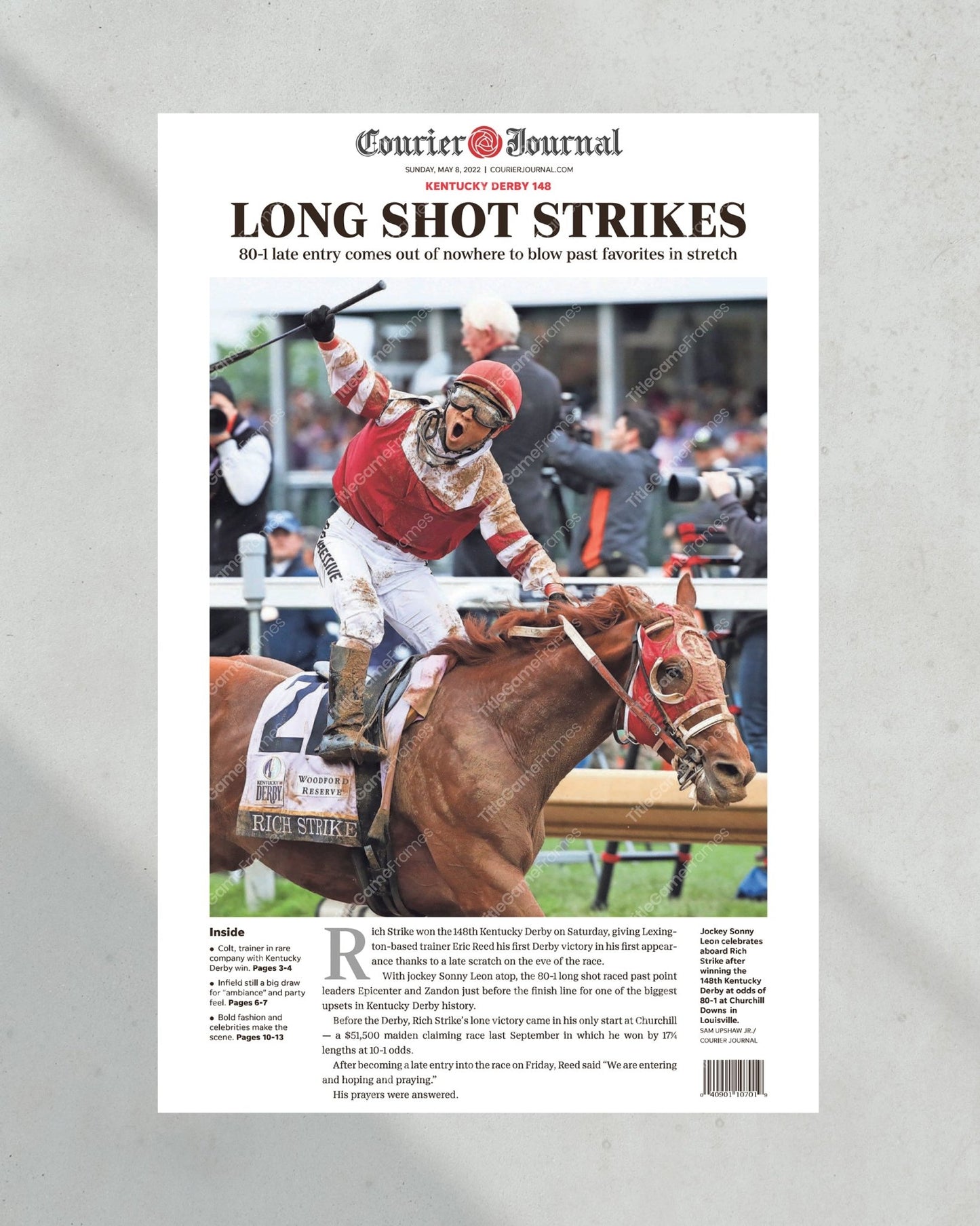 2022 Kentucky Derby Rich Strike Wins The Derby As The Long Shot Framed Front Page Newspaper Print - Title Game Frames