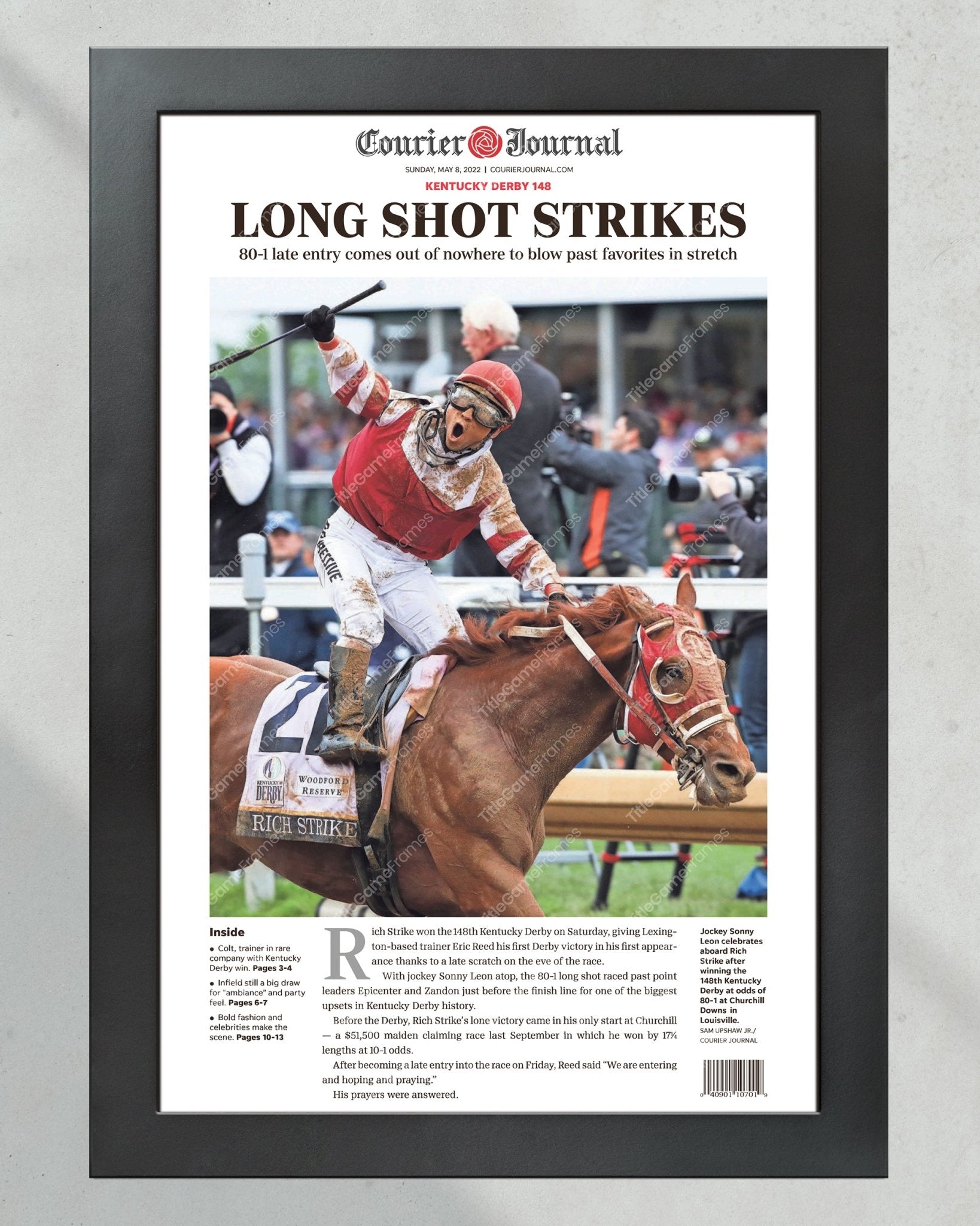 2022 Kentucky Derby Rich Strike Wins The Derby As The Long Shot Framed Front Page Newspaper Print - Title Game Frames