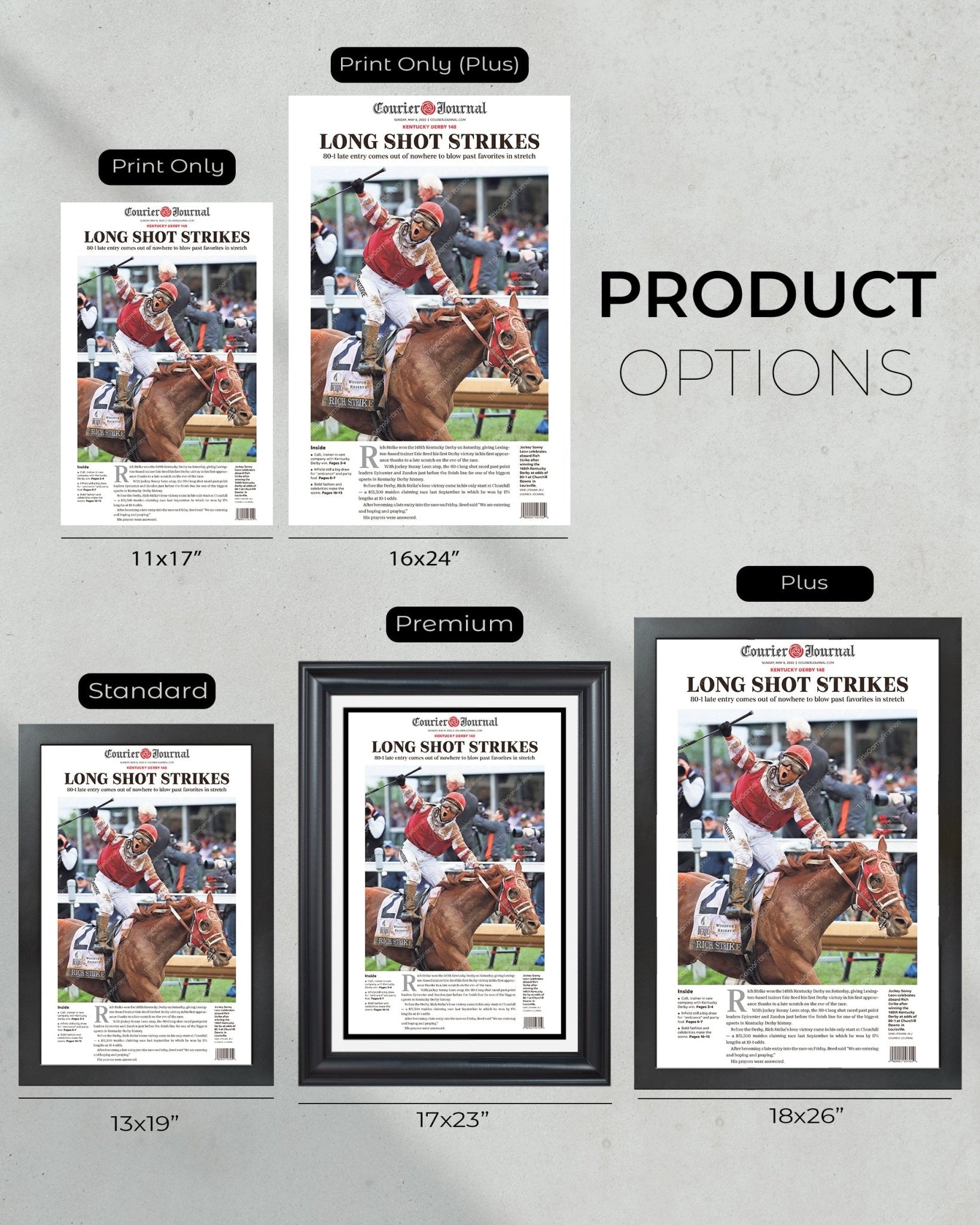 2022 Kentucky Derby Rich Strike Wins The Derby As The Long Shot Framed Front Page Newspaper Print - Title Game Frames