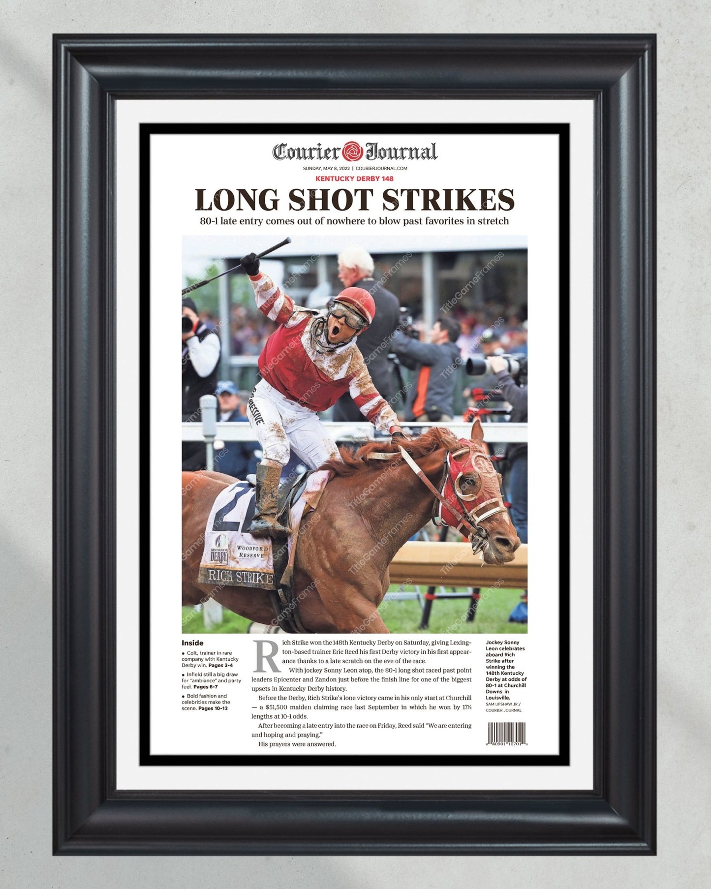 2022 Kentucky Derby Rich Strike Wins The Derby As The Long Shot Framed Front Page Newspaper Print - Title Game Frames