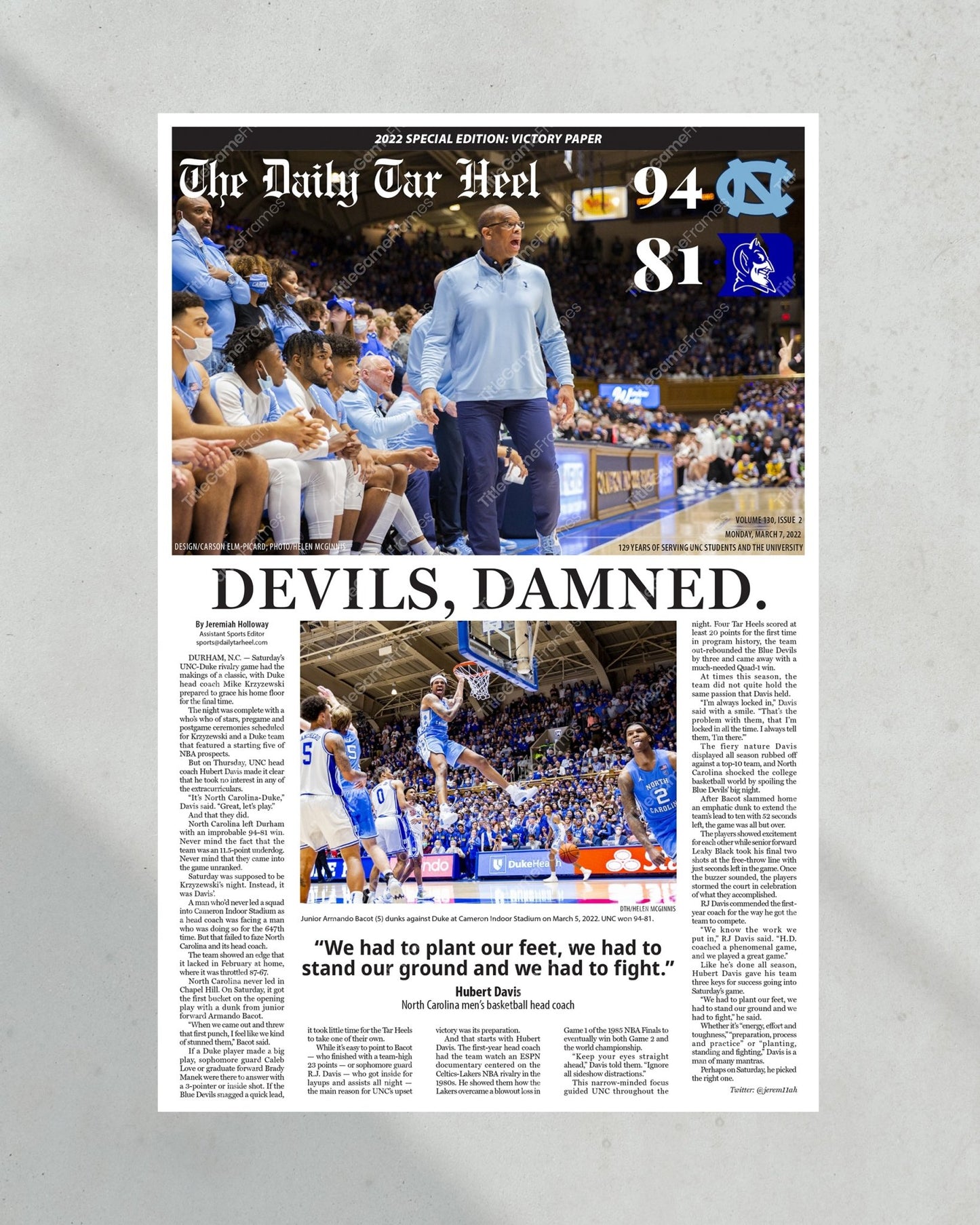 2022 North Carolina Tar Heels NCAA College Basketball Def. Duke Framed Front Page Newspaper Print Coach K Final Home Game - Title Game Frames