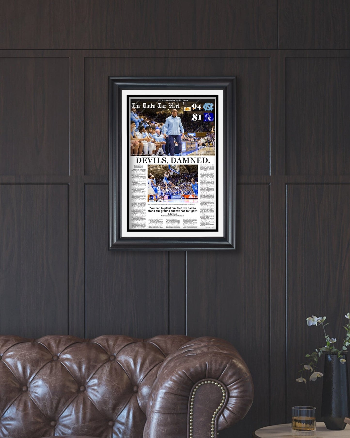 2022 North Carolina Tar Heels NCAA College Basketball Def. Duke Framed Front Page Newspaper Print Coach K Final Home Game - Title Game Frames