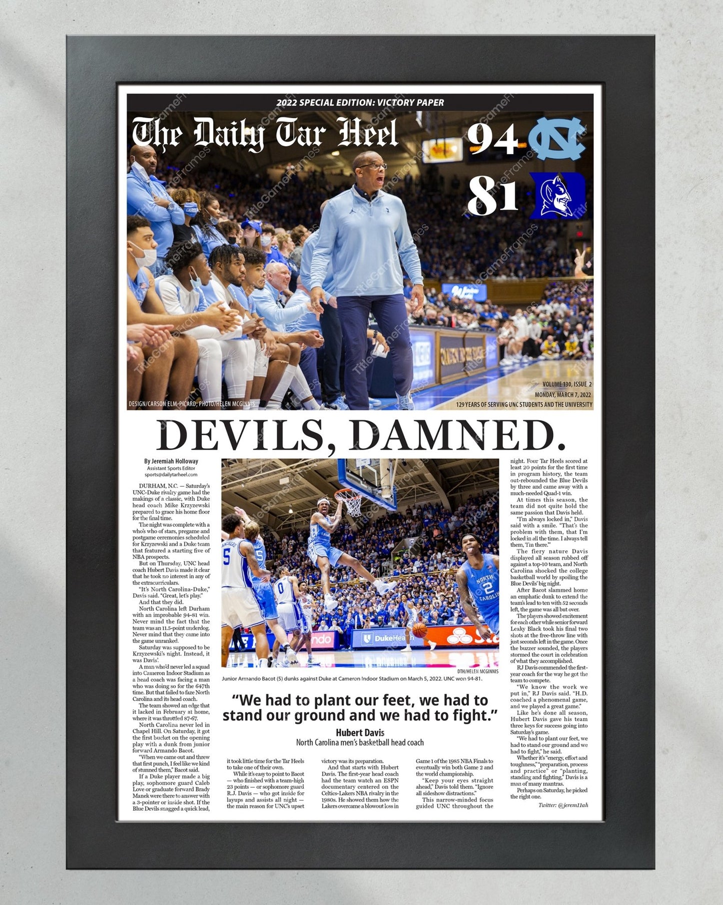 2022 North Carolina Tar Heels NCAA College Basketball Def. Duke Framed Front Page Newspaper Print Coach K Final Home Game - Title Game Frames