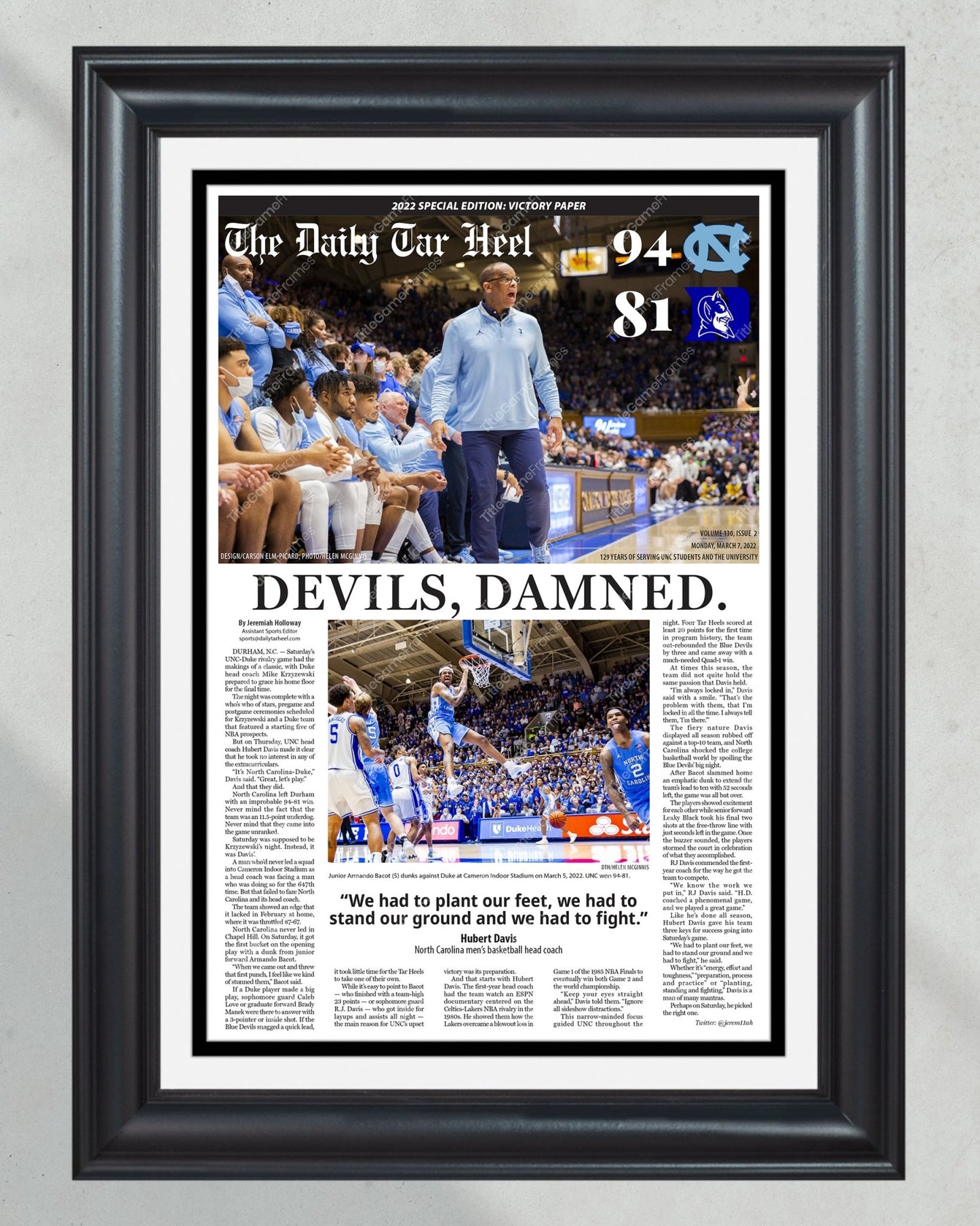 2022 North Carolina Tar Heels NCAA College Basketball Def. Duke Framed Front Page Newspaper Print Coach K Final Home Game - Title Game Frames