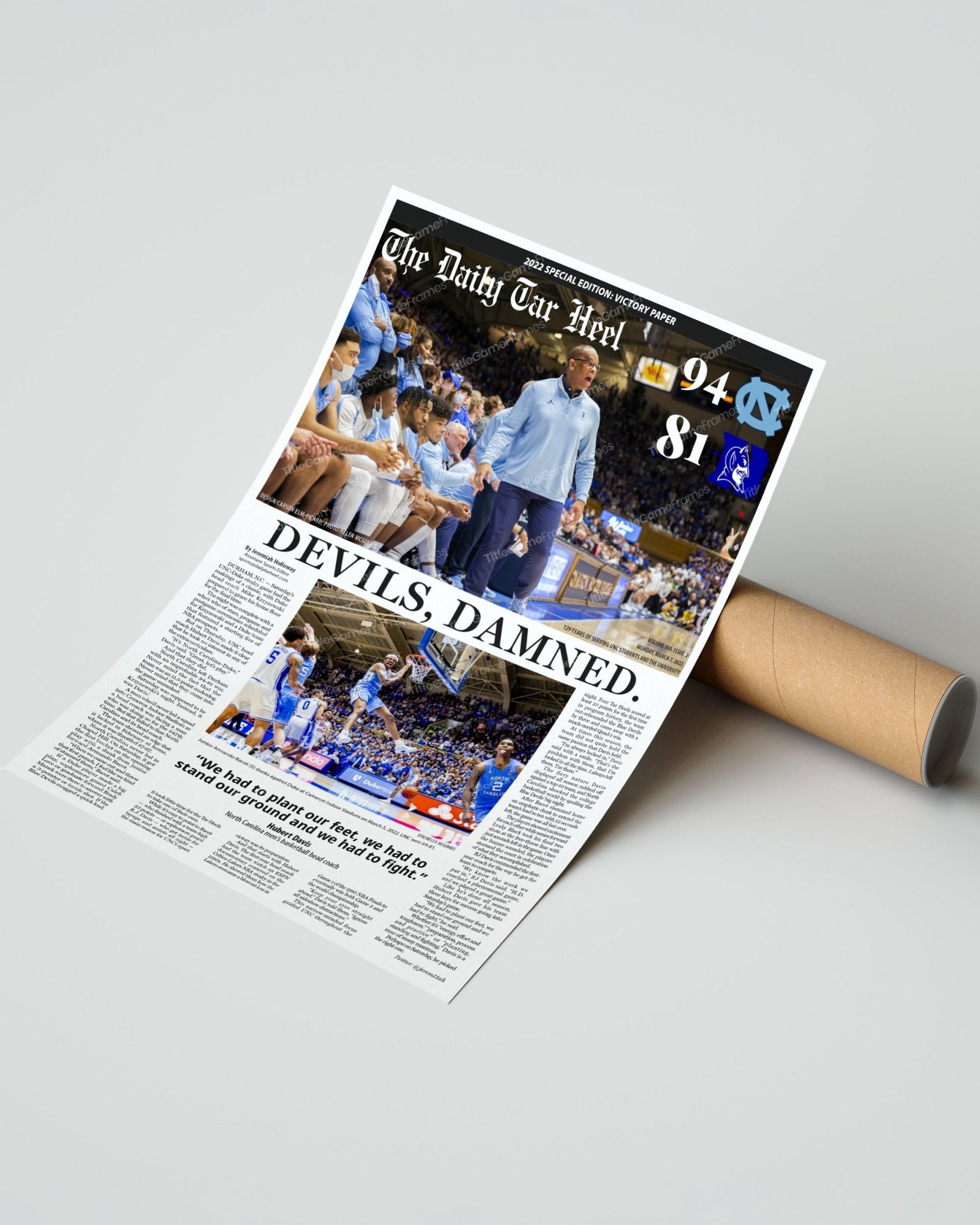 2022 North Carolina Tar Heels NCAA College Basketball Def. Duke Framed Front Page Newspaper Print Coach K Final Home Game - Title Game Frames