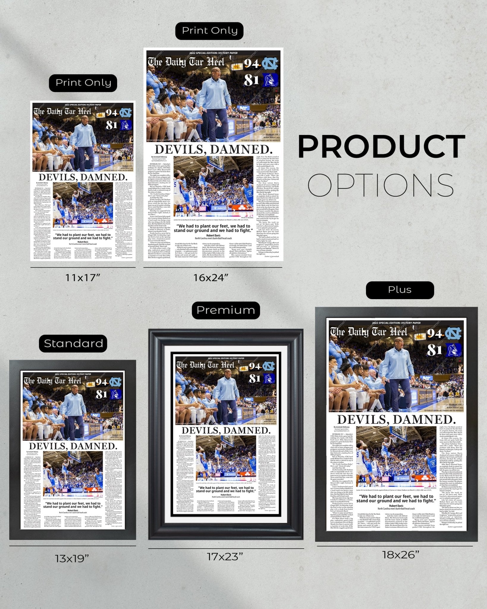 2022 North Carolina Tar Heels NCAA College Basketball Def. Duke Framed Front Page Newspaper Print Coach K Final Home Game - Title Game Frames