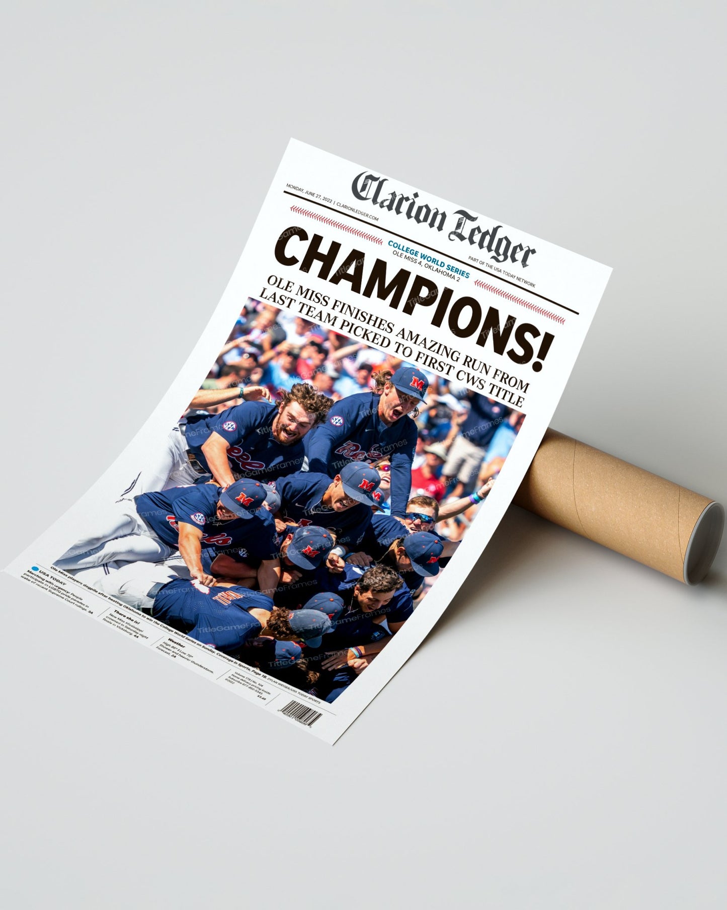 2022 Ole Miss Rebels CWS 'CHAMPIONS!' Clarion Ledger Framed Newspaper - Title Game Frames