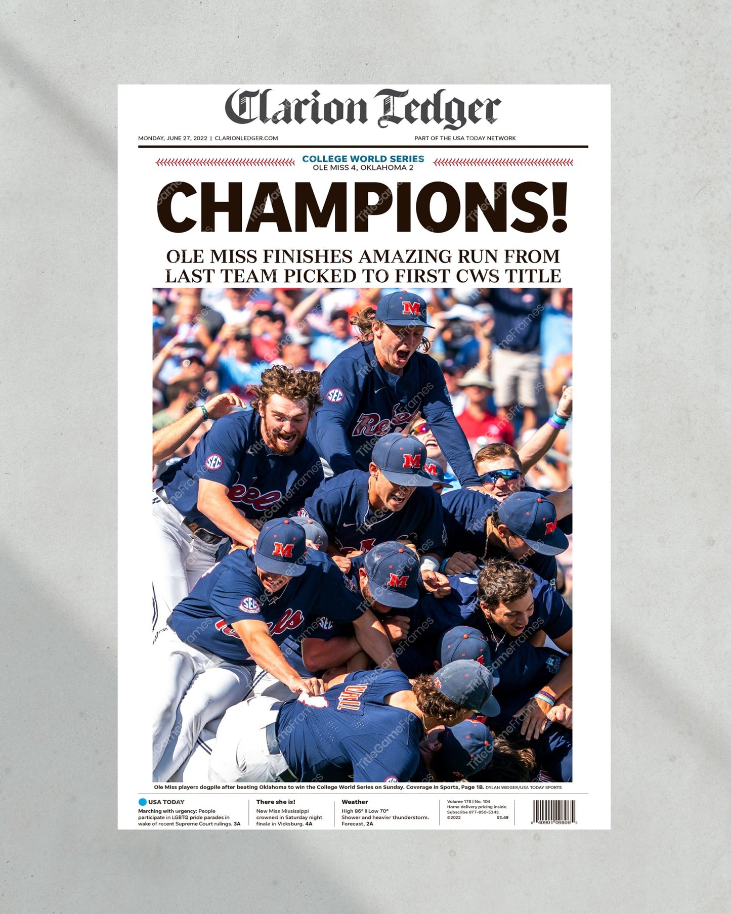 2022 Ole Miss Rebels CWS 'CHAMPIONS!' Clarion Ledger Framed Newspaper - Title Game Frames