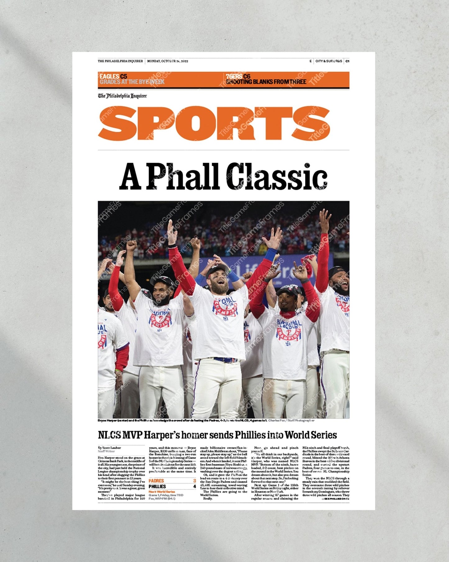 2022 Philadelphia Phillies NLCS Champions Framed Front Page Newspaper - Title Game Frames