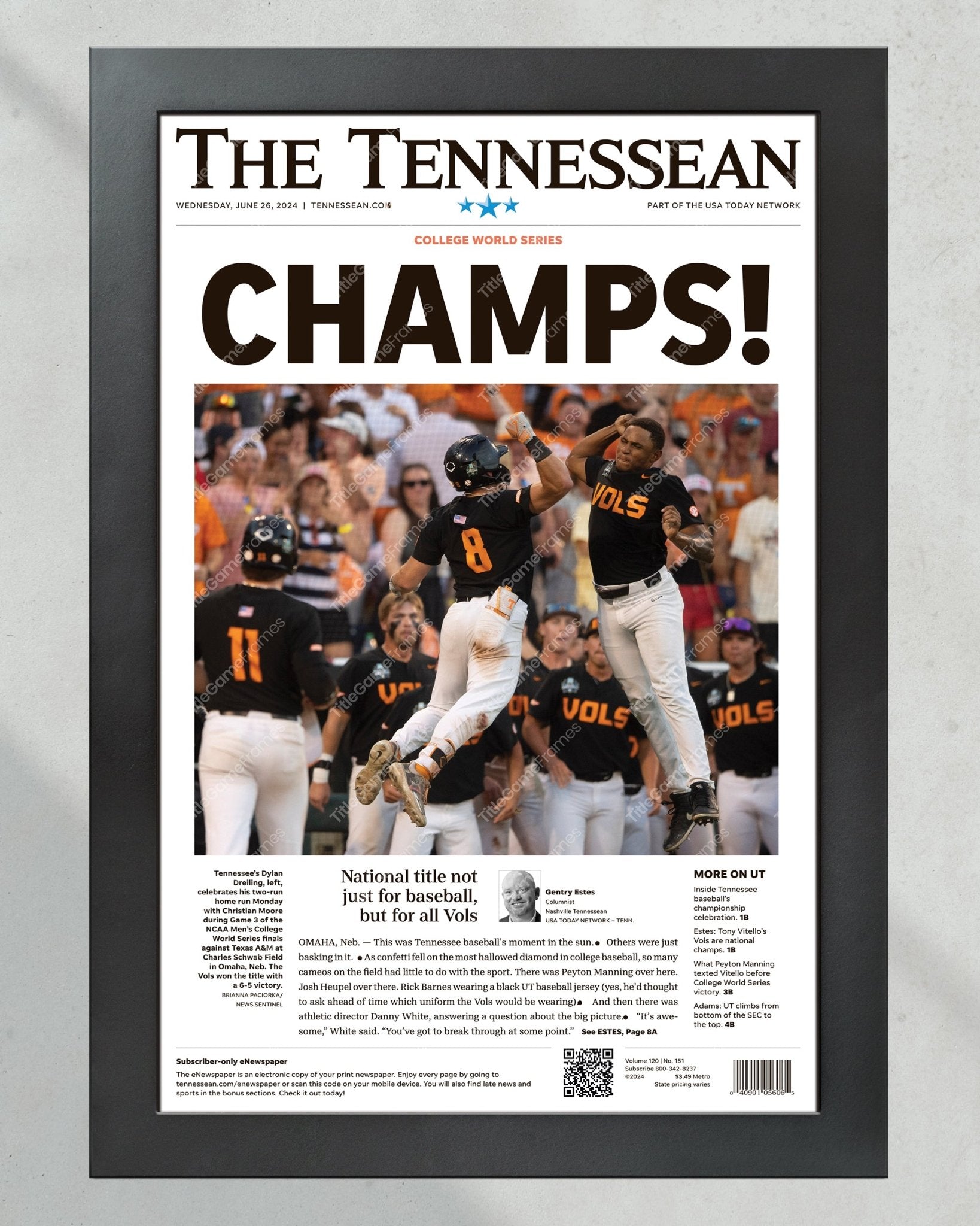 2022 Tennessee Volunteers CWS 'CHAMPS!' Framed Front Page Newspaper - Title Game Frames