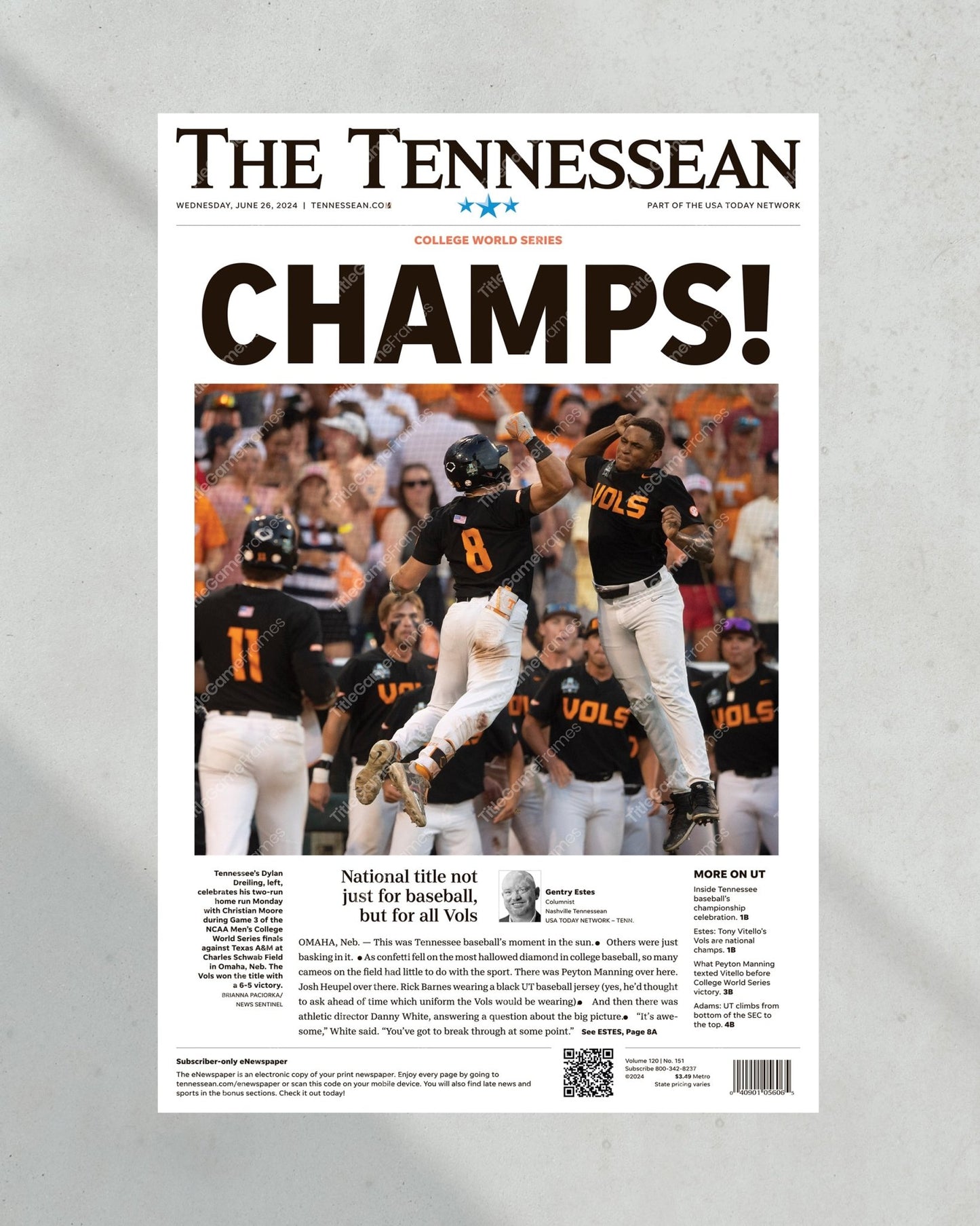 2022 Tennessee Volunteers CWS 'CHAMPS!' Framed Front Page Newspaper - Title Game Frames