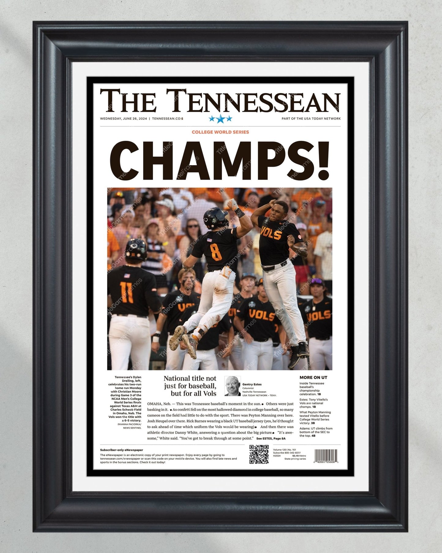 2022 Tennessee Volunteers CWS 'CHAMPS!' Framed Front Page Newspaper - Title Game Frames