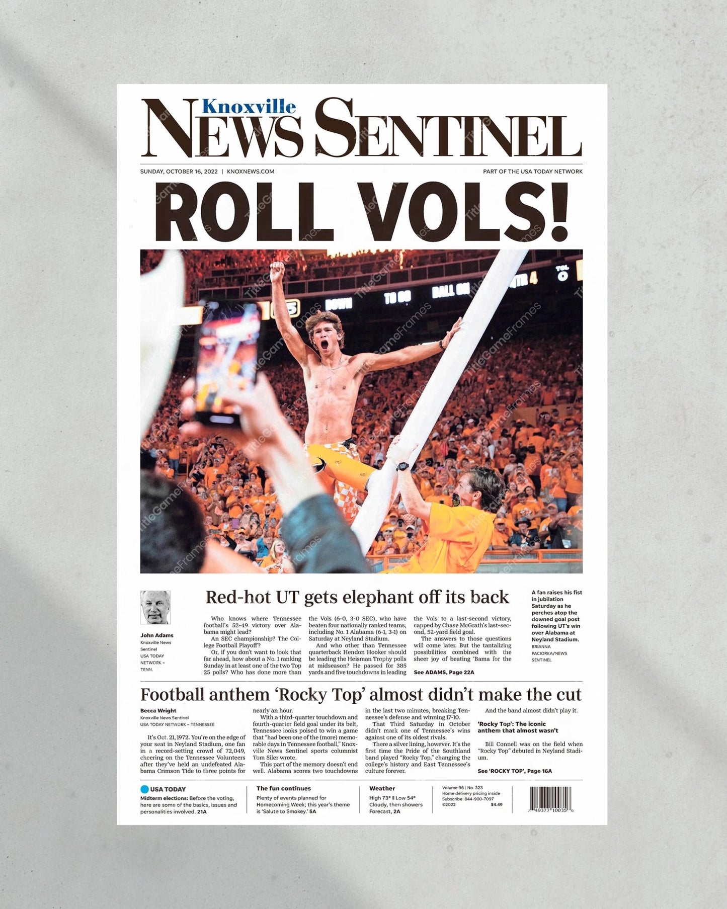 2022 Tennessee Volunteers Upset Alabama "ROLL VOLS!" Victory Framed Newspaper - Title Game Frames