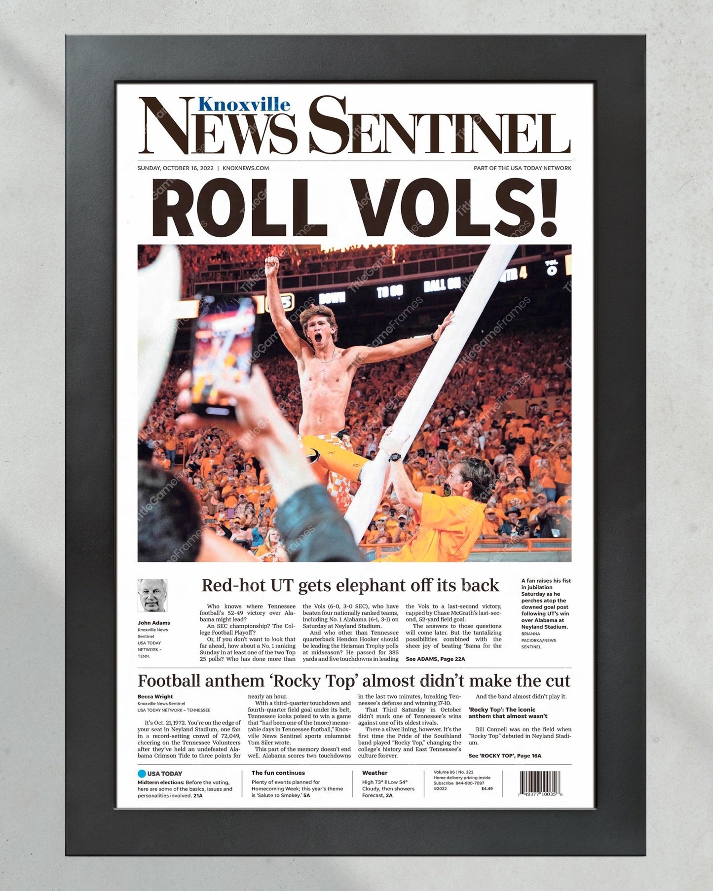 2022 Tennessee Volunteers Upset Alabama "ROLL VOLS!" Victory Framed Newspaper - Title Game Frames