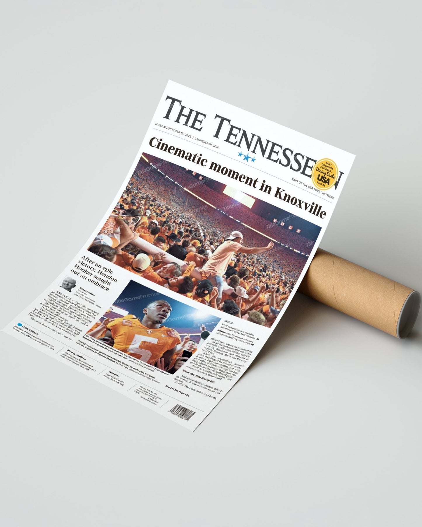 2022 Tennessee Volunteers Upsets Alabama 'Cinematic Moment' Framed Newspaper - Title Game Frames