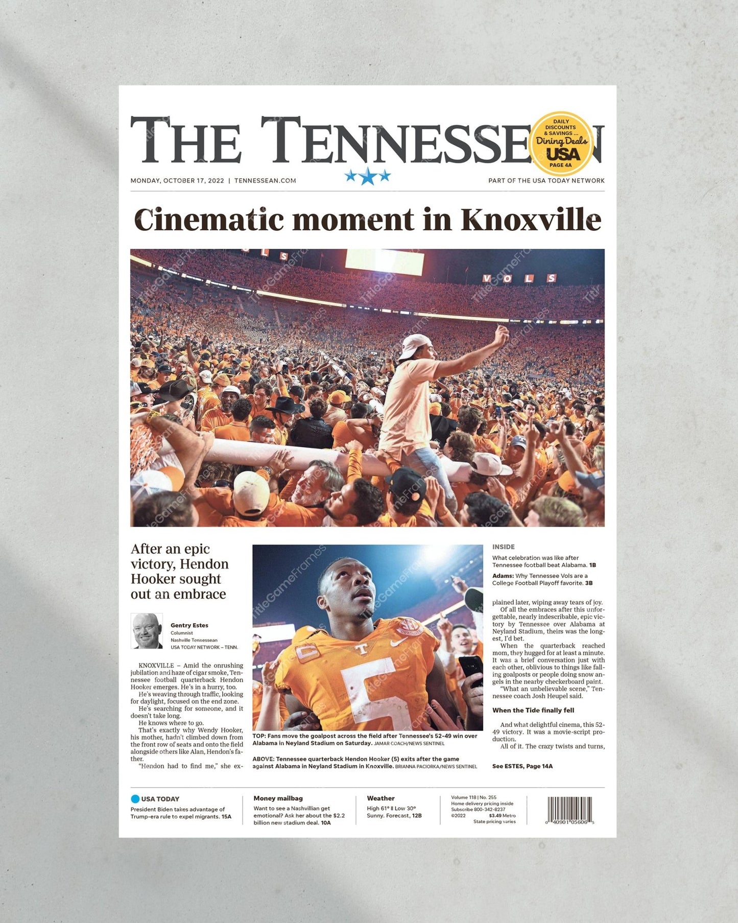 2022 Tennessee Volunteers Upsets Alabama 'Cinematic Moment' Framed Newspaper - Title Game Frames