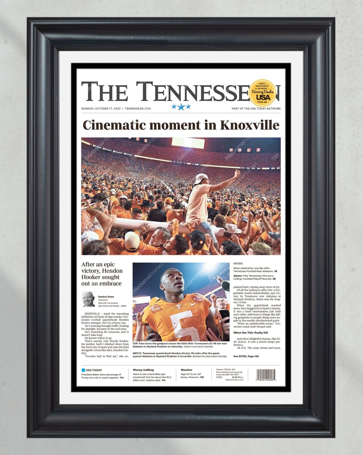 2022 Tennessee Volunteers Upsets Alabama 'Cinematic Moment' Framed Newspaper - Title Game Frames