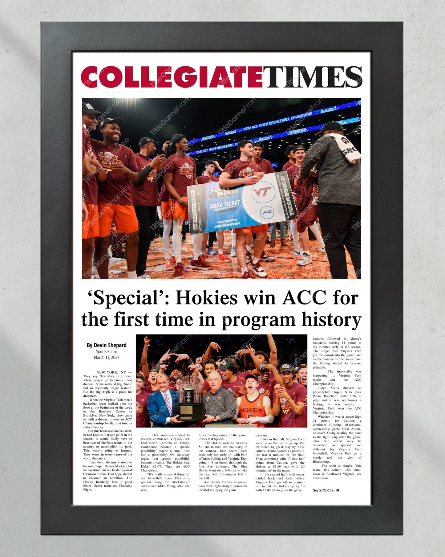 2022 Virginia Tech Hokies ACC NCAA Basketball Champions Framed Front Page Newspaper Print - Title Game Frames