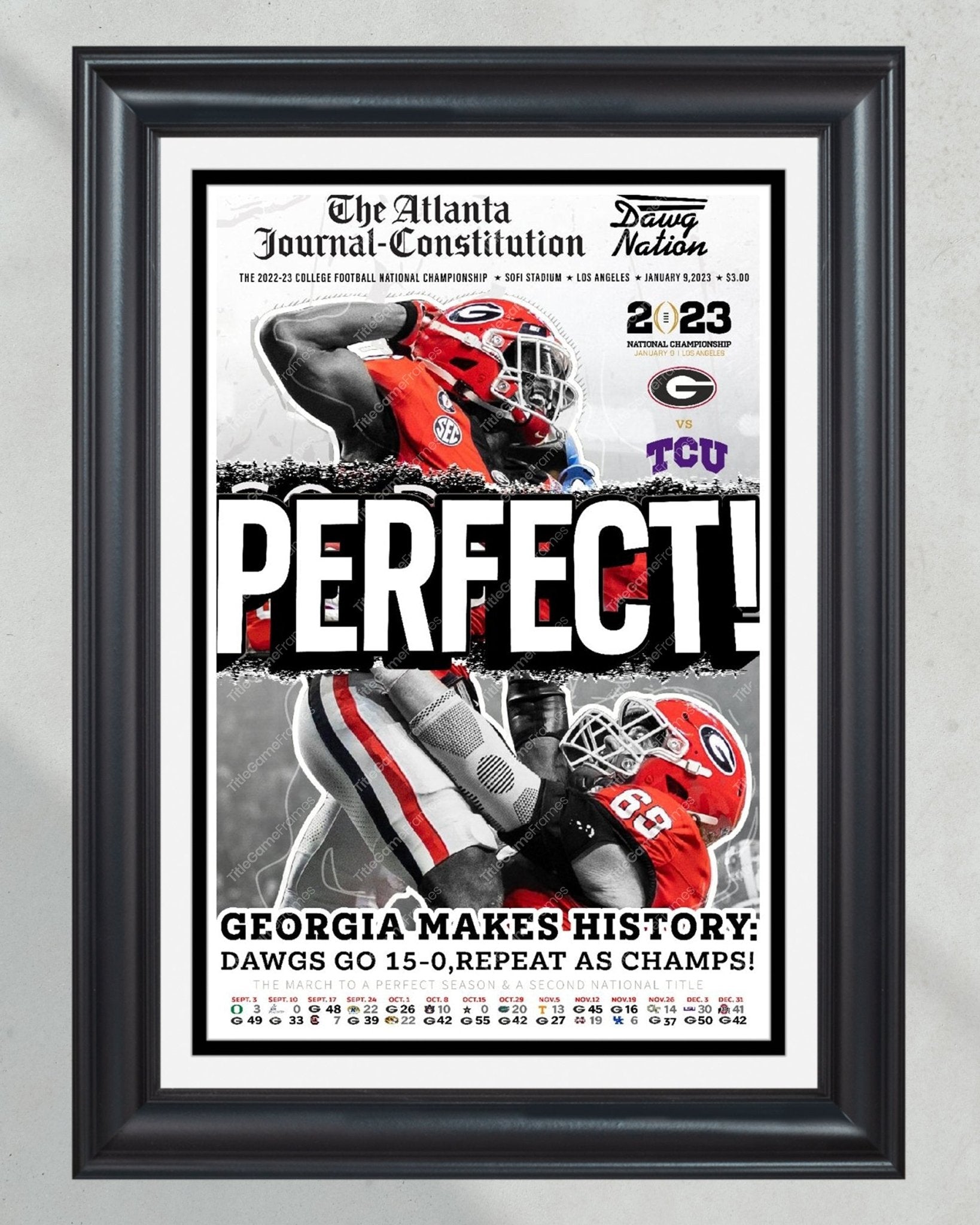 2023 Georgia Bulldogs 'PERFECT' College Football National Champions Framed Front Page Newspaper Print - Title Game Frames