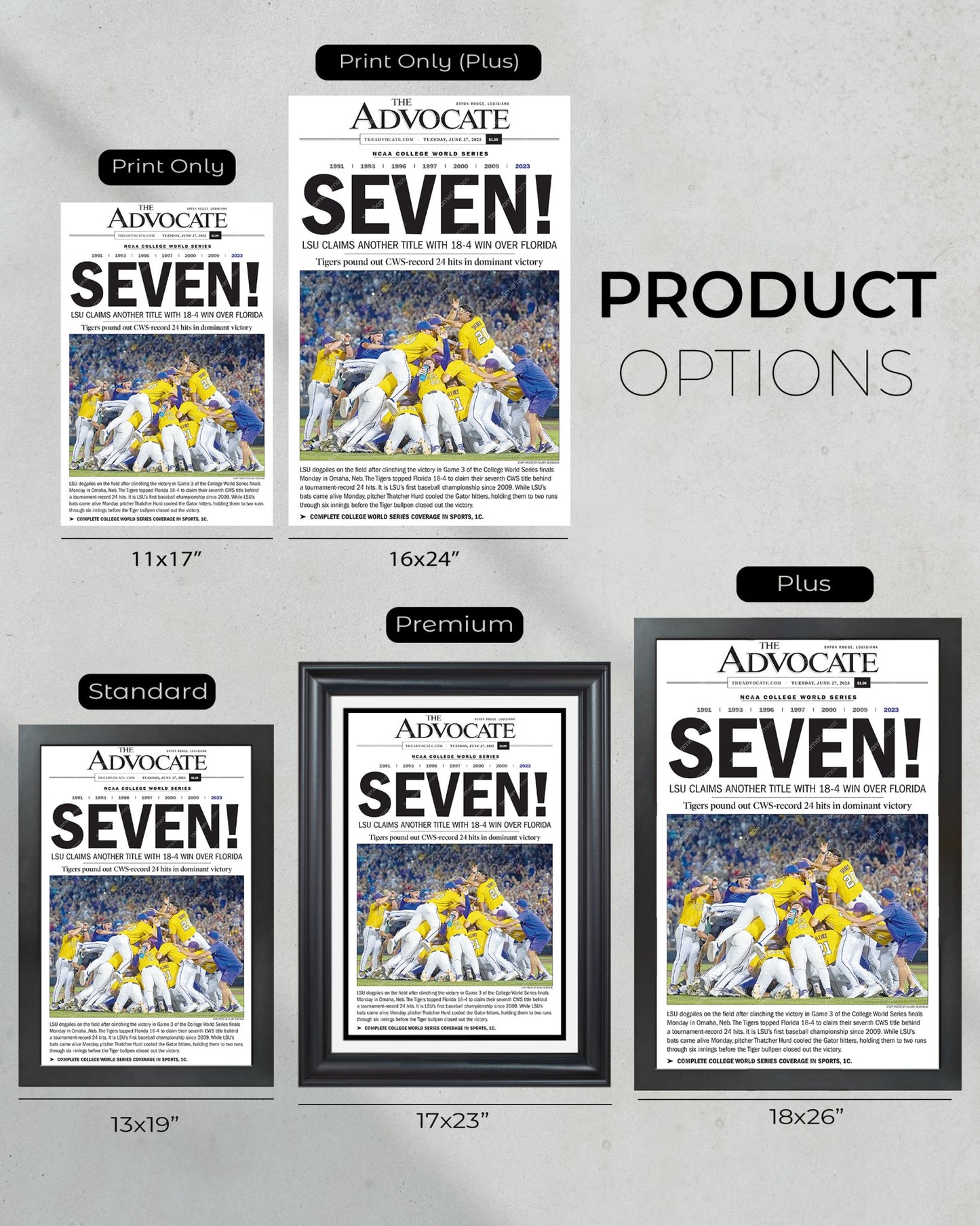 2023 LSU Tigers “SEVEN!” College World Series Champions Front Page Newspaper - Title Game Frames