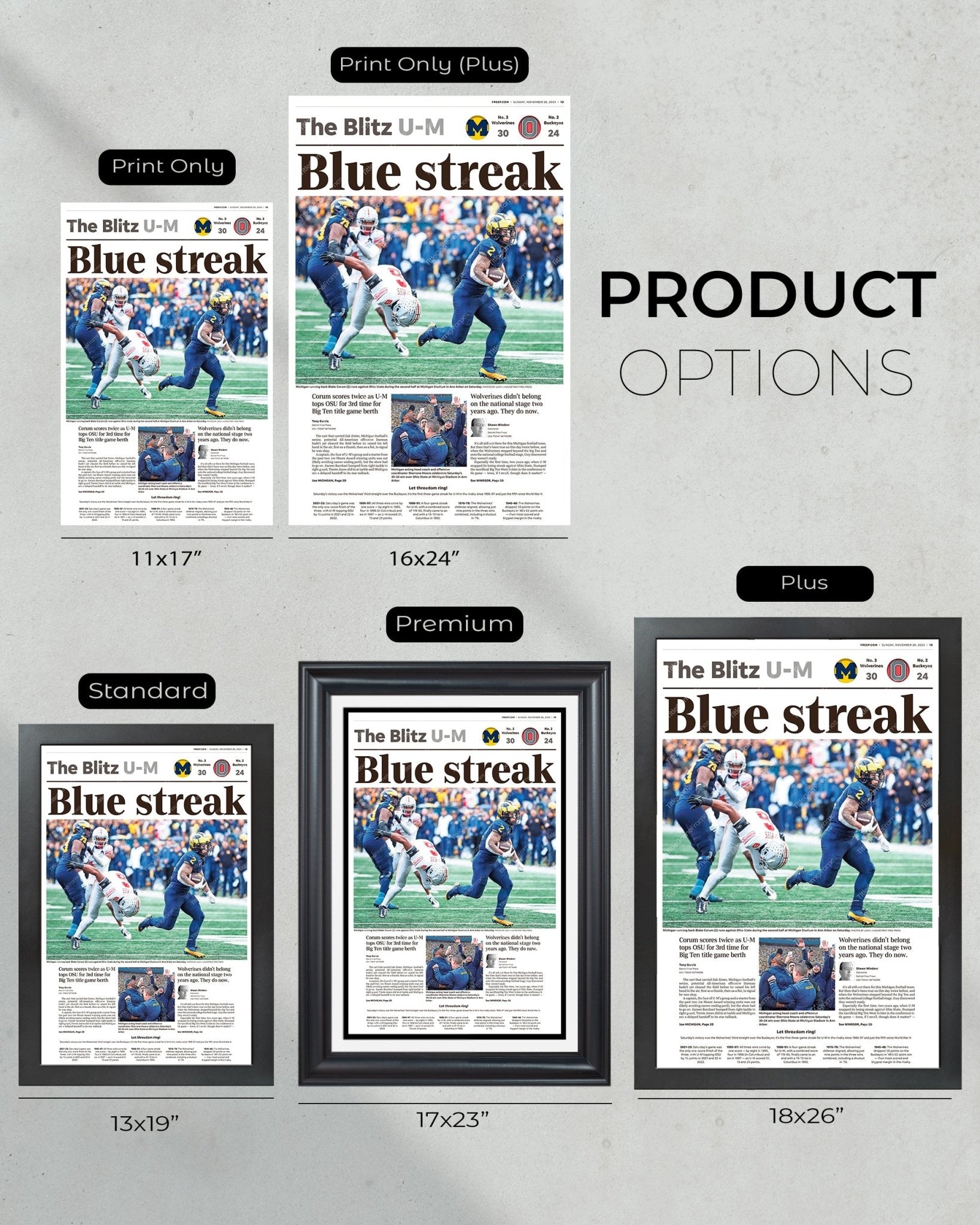 2023 Michigan Wolverines “Blue Streak” Defeat Ohio State Buckeyes Framed Newspaper Print - Title Game Frames