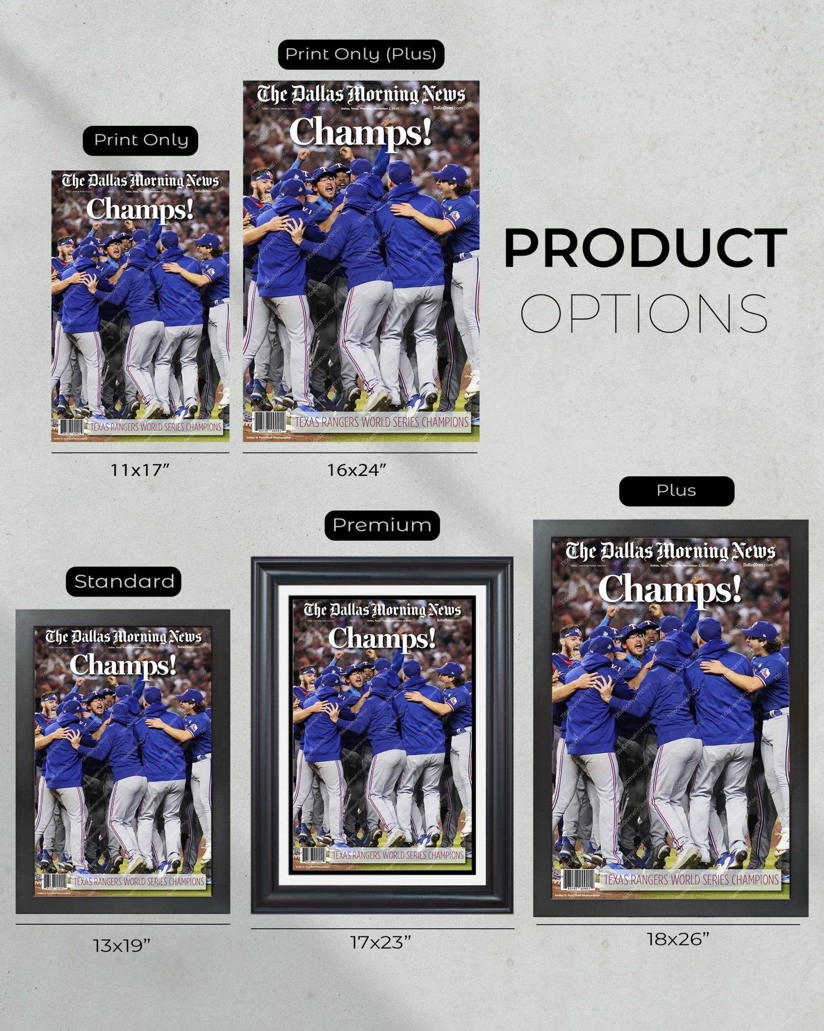 2023 Texas Rangers World Series "Champs!" - Commemorative Framed Newspaper - Title Game Frames