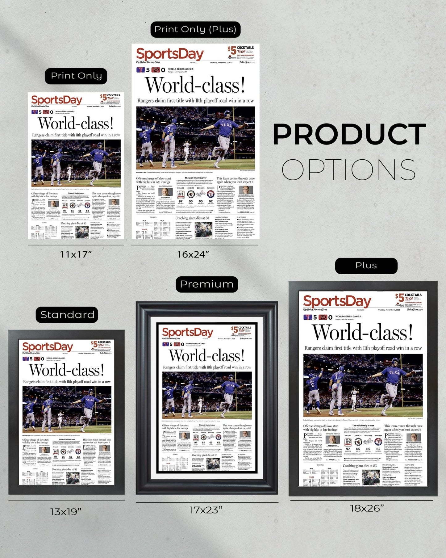 2023 Texas Rangers World Series "World-class!" - Commemorative Framed Newspaper - Title Game Frames