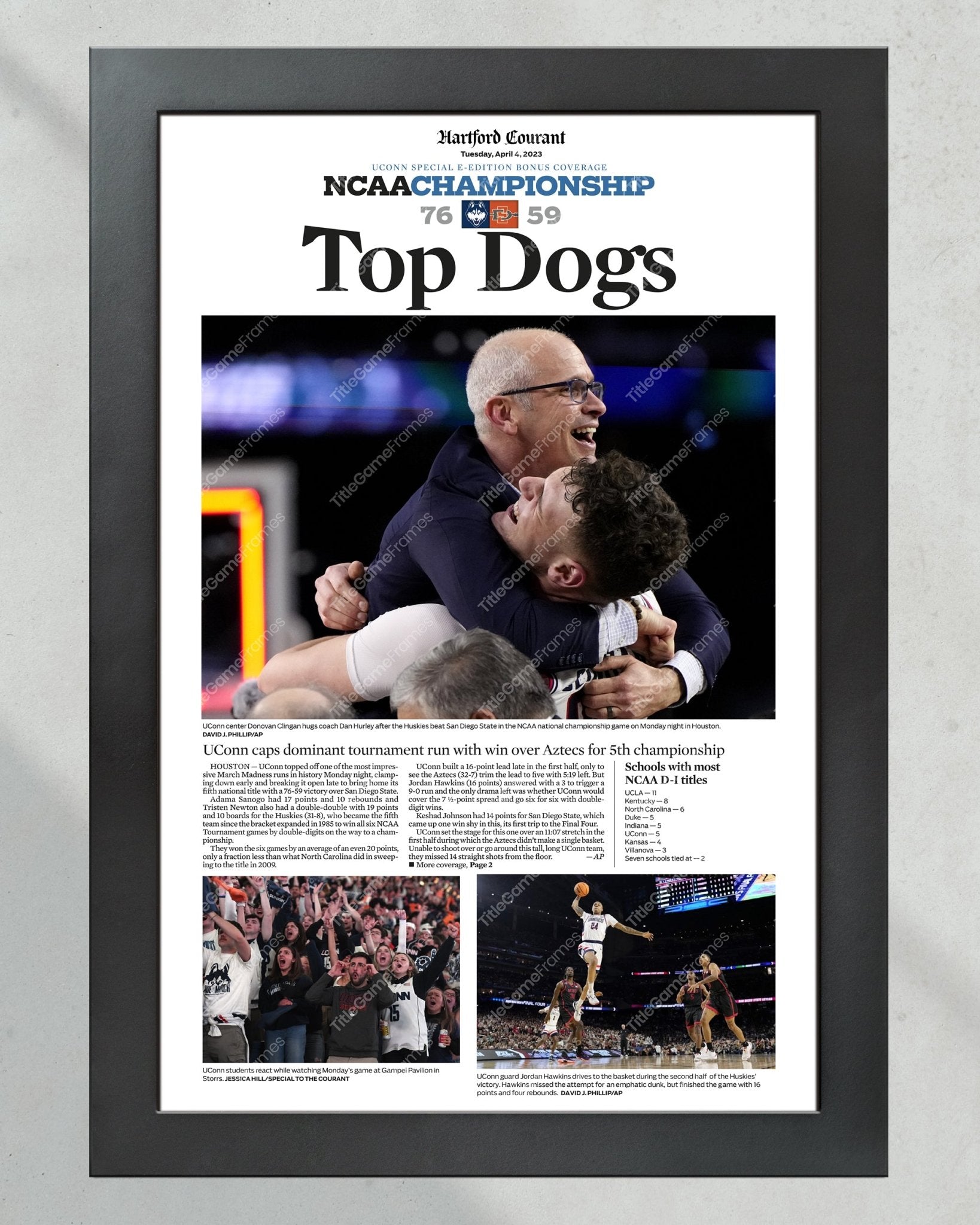 2023 Uconn Huskies ‘Top Dogs’ NCAA College Basketball Champions Framed Front Page Newspaper - Title Game Frames