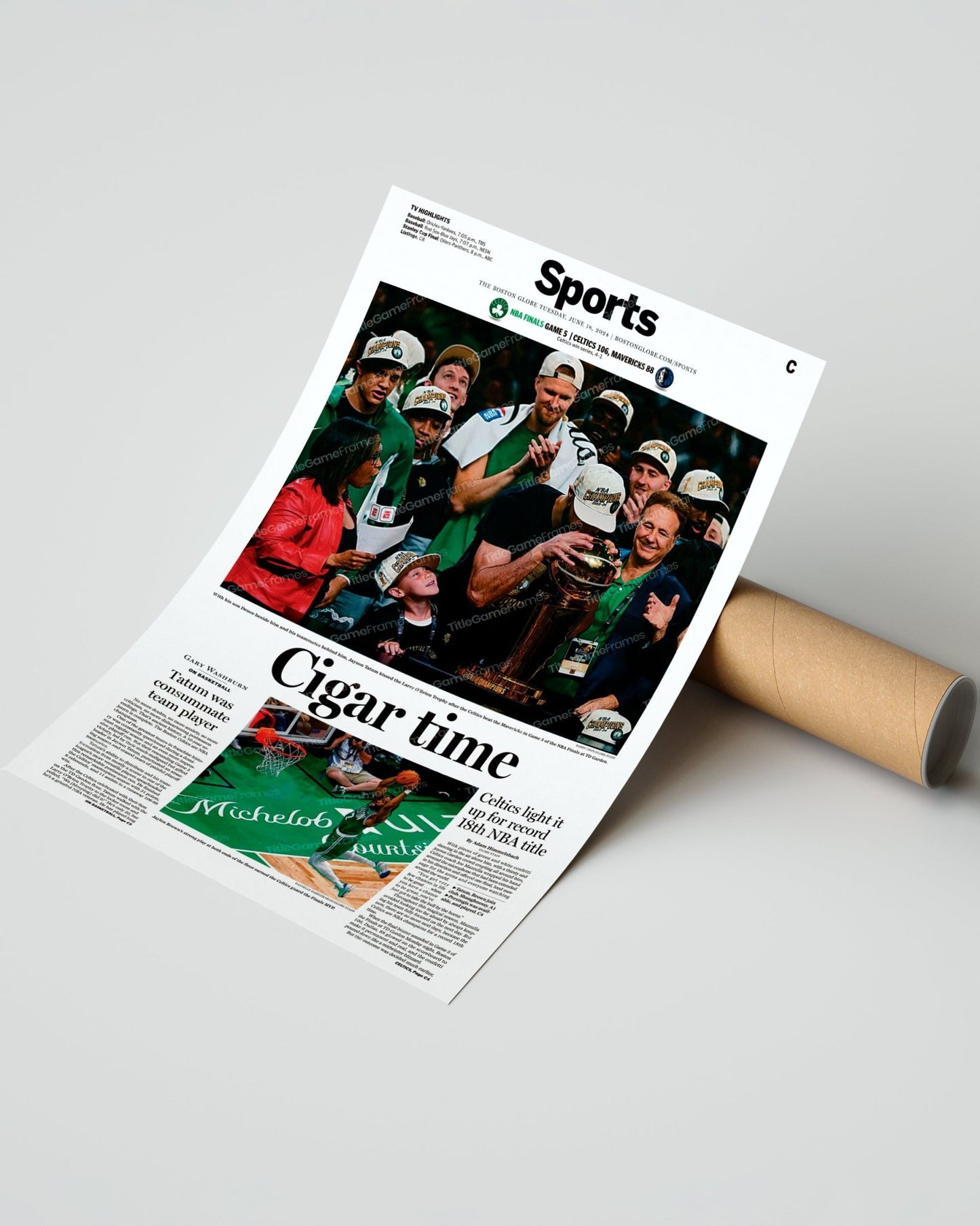 2024 Boston Celtics NBA Champions 'Cigar Time' Framed Commemorative Newspaper - Title Game Frames