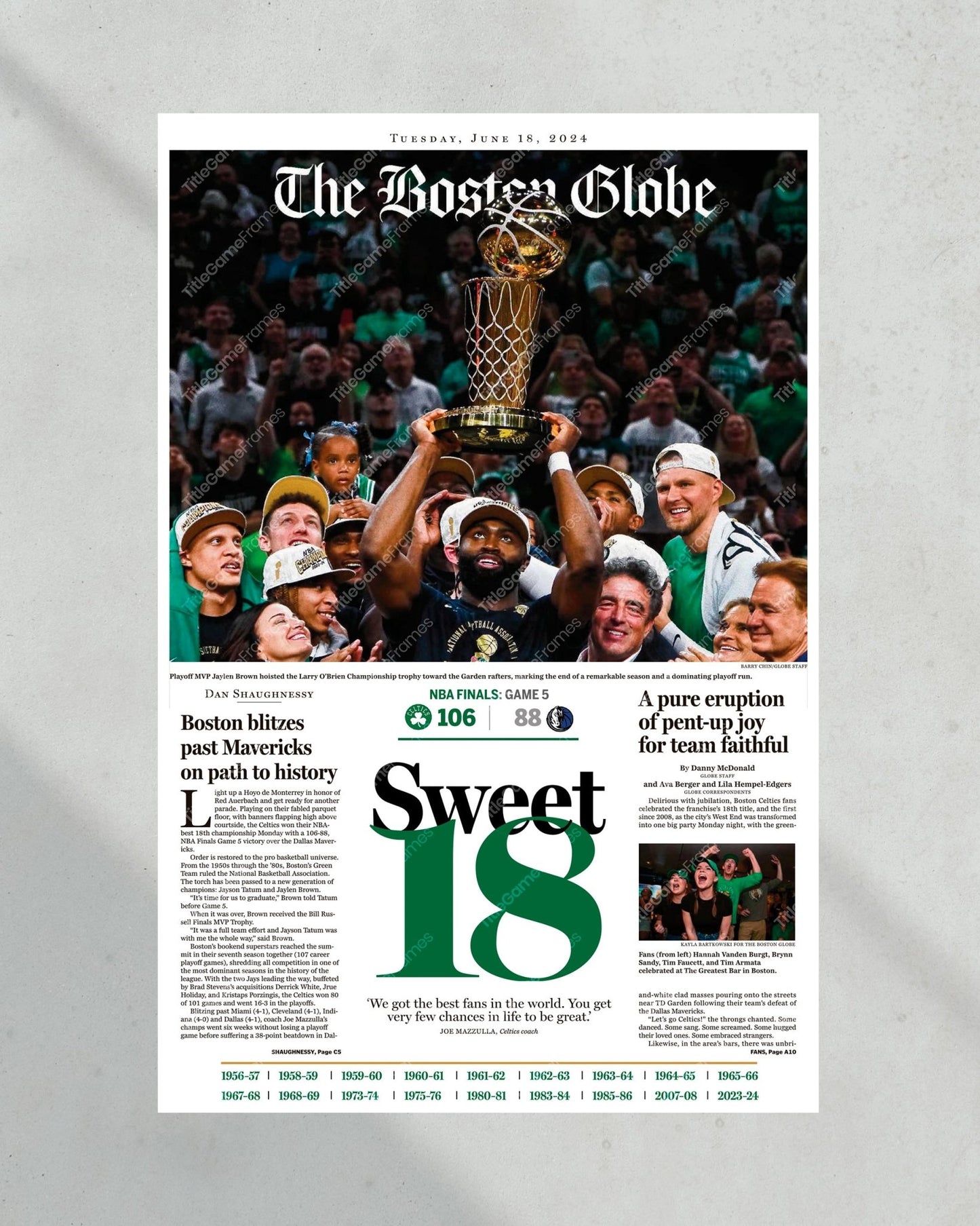 2024 Boston Celtics NBA Champions 'Sweet 18' Framed Newspaper - Title Game Frames