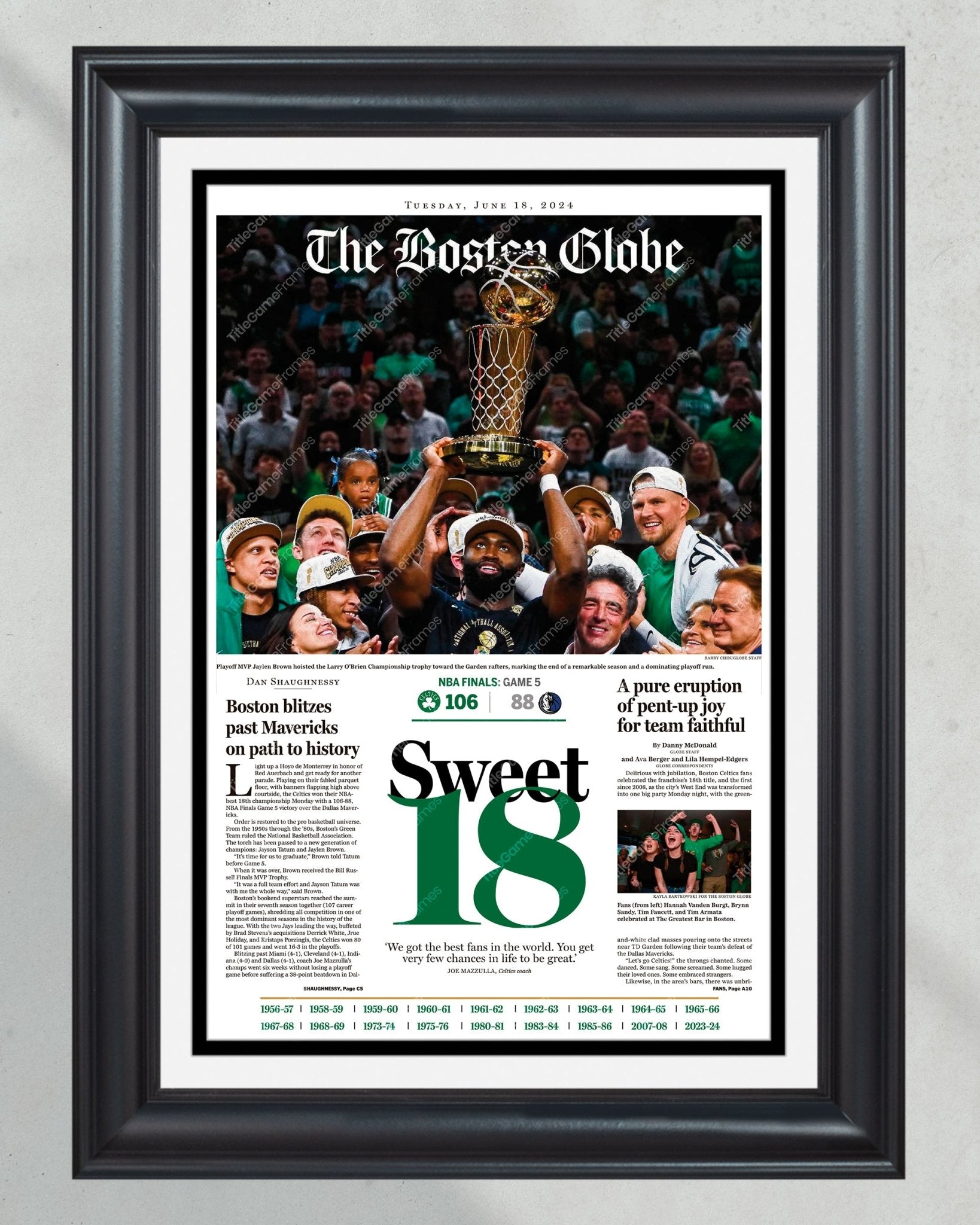 2024 Boston Celtics NBA Champions 'Sweet 18' Framed Newspaper - Title Game Frames
