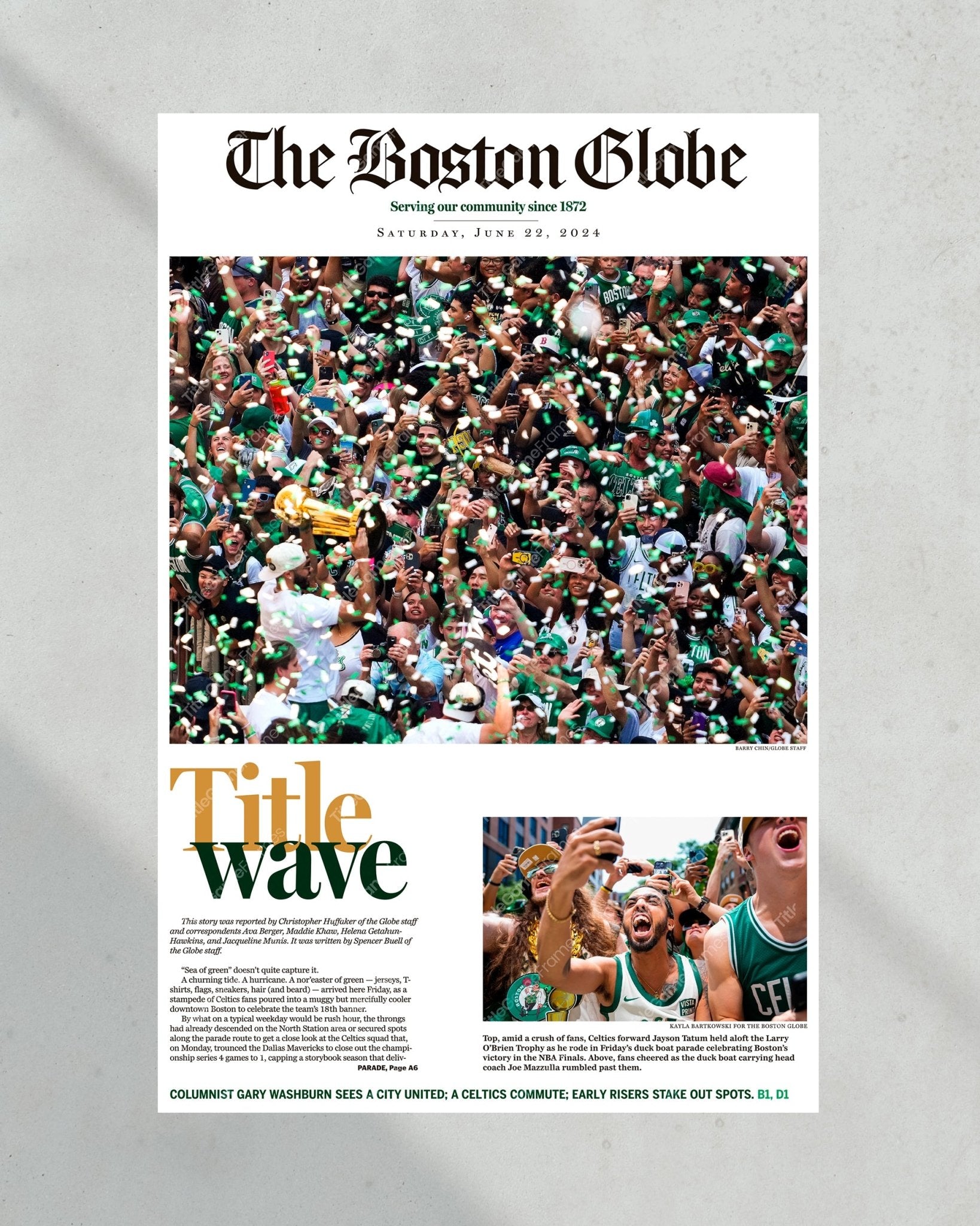 2024 Boston Celtics NBA Champions 'Title Wave' Parade Framed Newspaper - Title Game Frames
