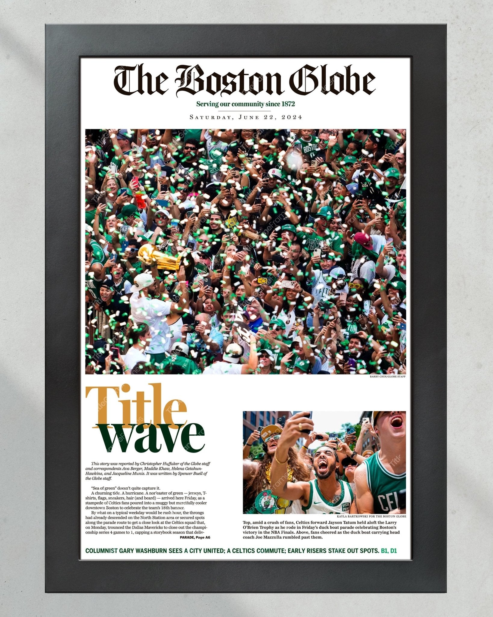 2024 Boston Celtics NBA Champions 'Title Wave' Parade Framed Newspaper - Title Game Frames