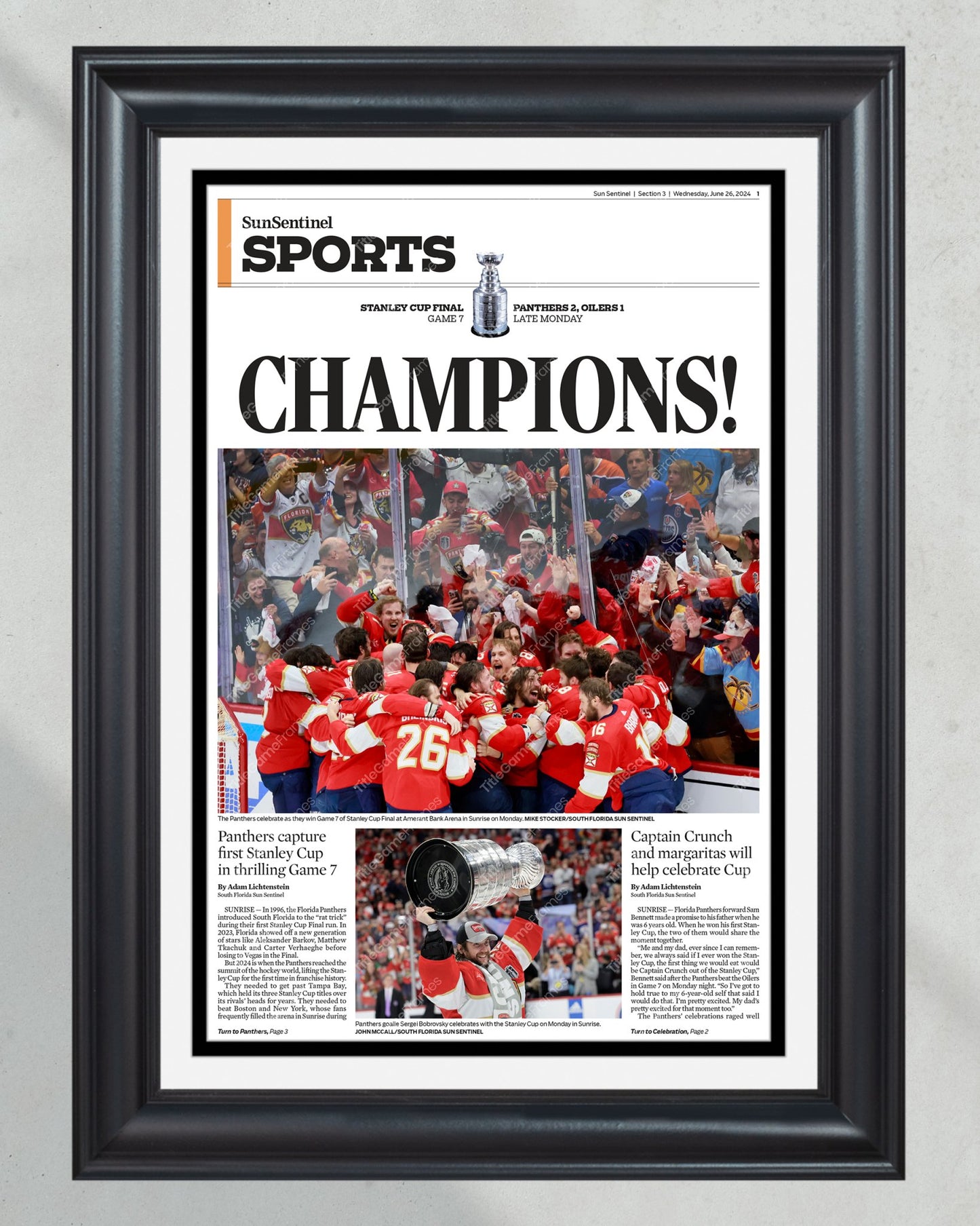 2024 Florida Panthers Stanley Cup 'CHAMPIONS!' Framed Sports Edition Newspaper - Title Game Frames