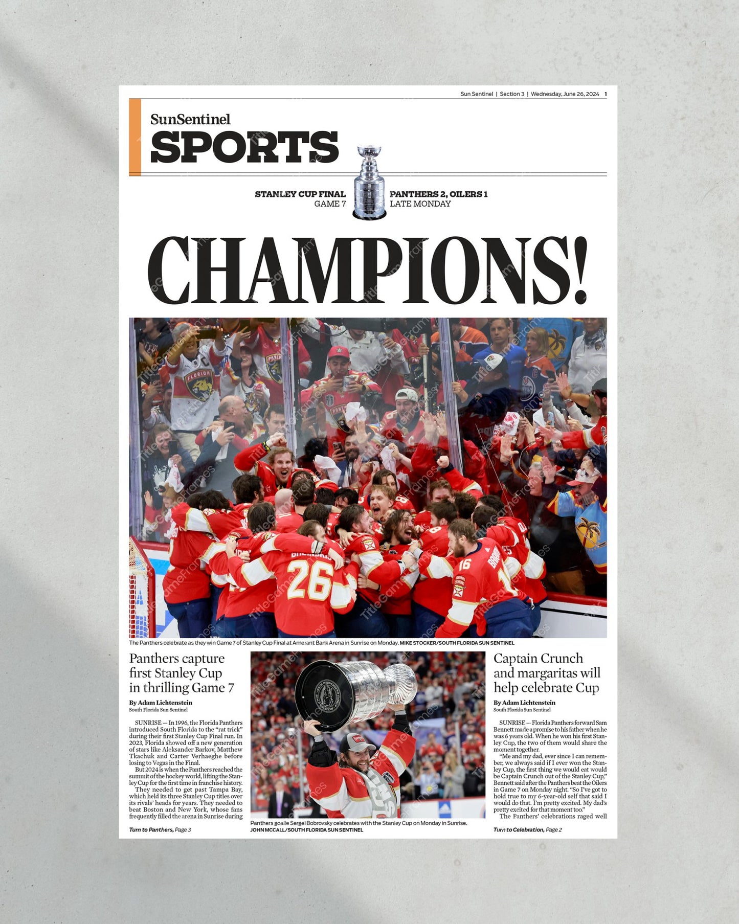 2024 Florida Panthers Stanley Cup 'CHAMPIONS!' Framed Sports Edition Newspaper - Title Game Frames