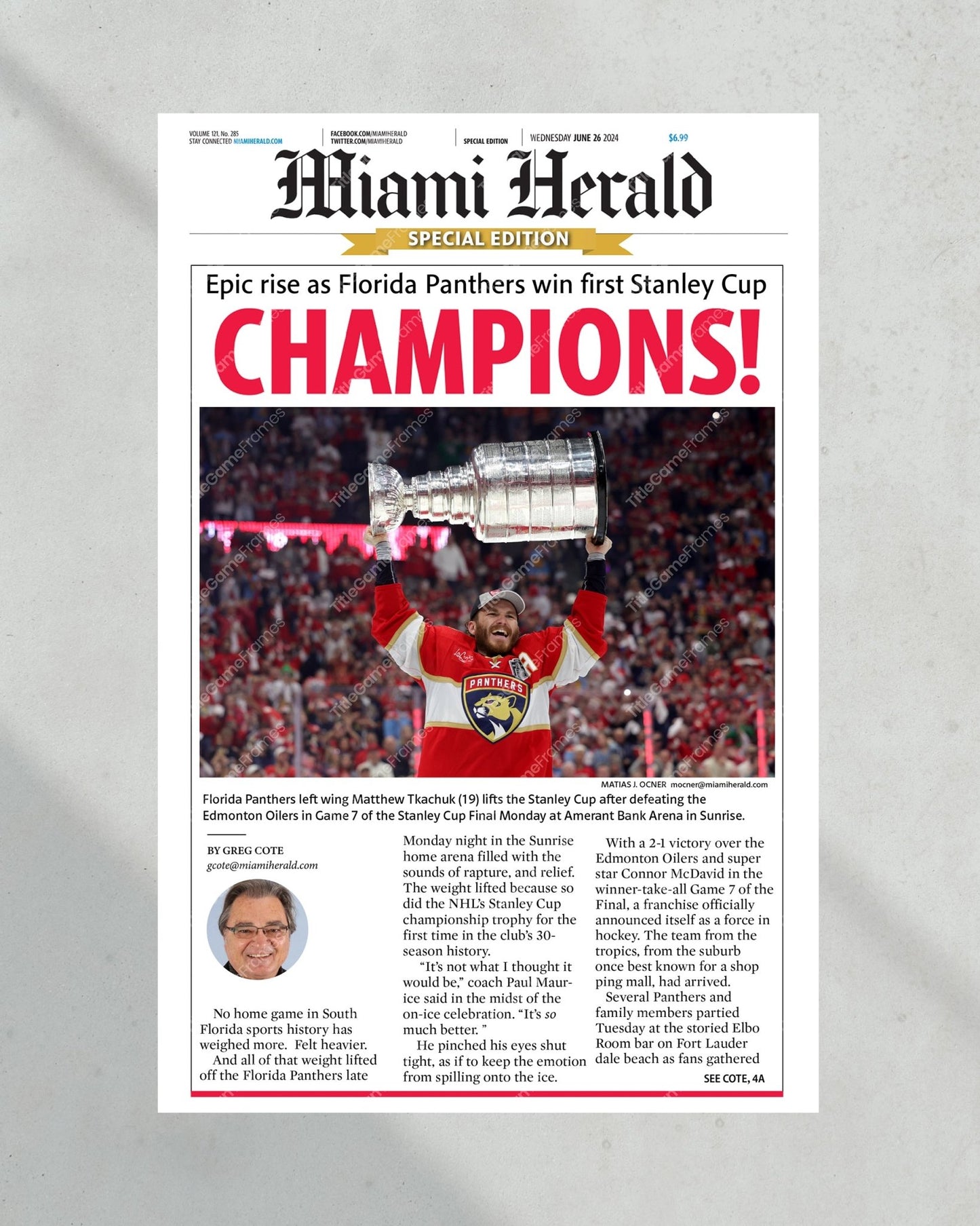 2024 Florida Panthers Stanley Cup "CHAMPIONS!" Special Edition Newspaper - Title Game Frames