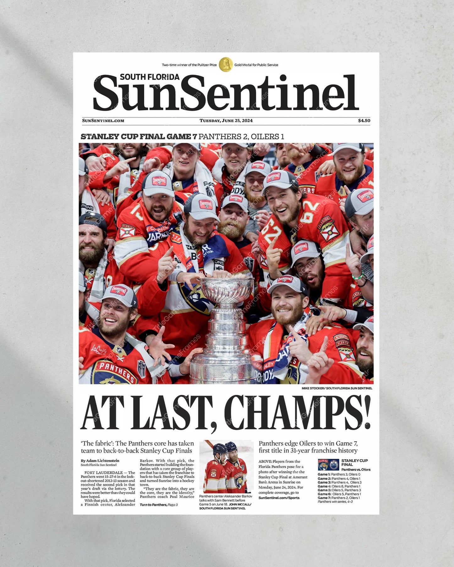 2024 Florida Panthers Stanley Cup Champs Framed Commemorative Newspaper - Title Game Frames