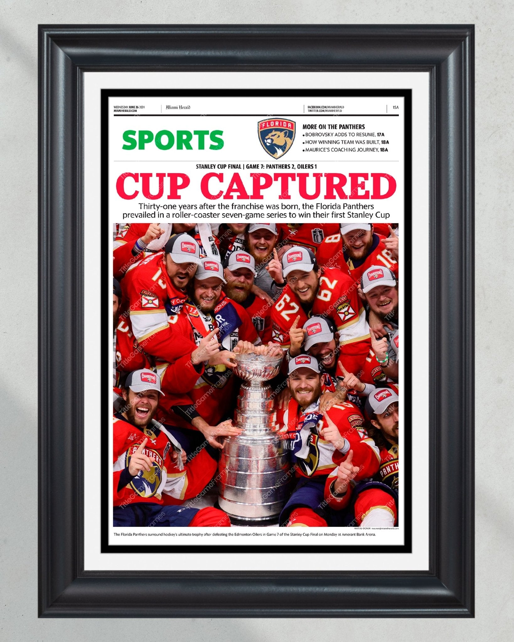 2024 Florida Panthers Stanley Cup "Cup Captured" Framed Sports Newspaper - Title Game Frames