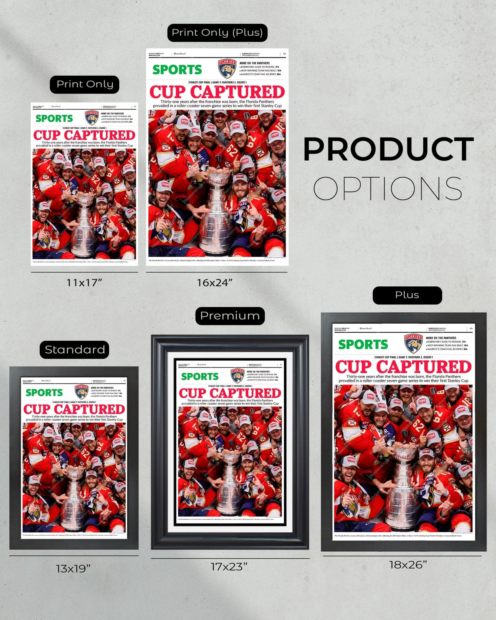 2024 Florida Panthers Stanley Cup "Cup Captured" Framed Sports Newspaper - Title Game Frames