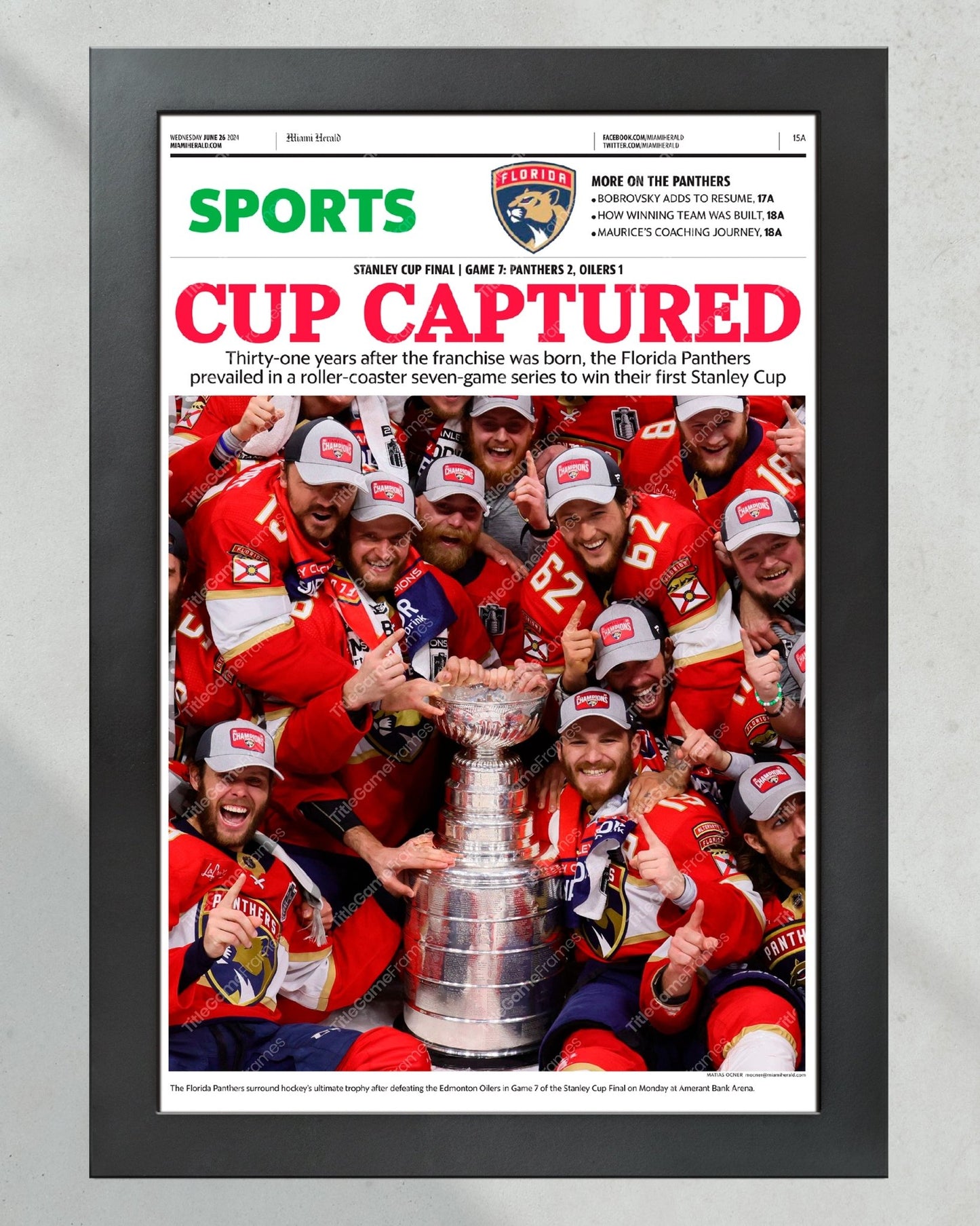 2024 Florida Panthers Stanley Cup "Cup Captured" Framed Sports Newspaper - Title Game Frames