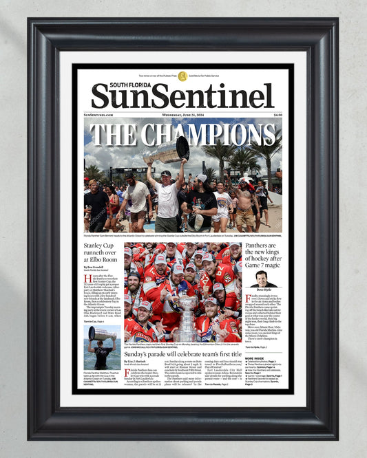 2024 Florida Panthers Stanley Cup 'THE CHAMPIONS! Framed Front Page Newspaper - Title Game Frames