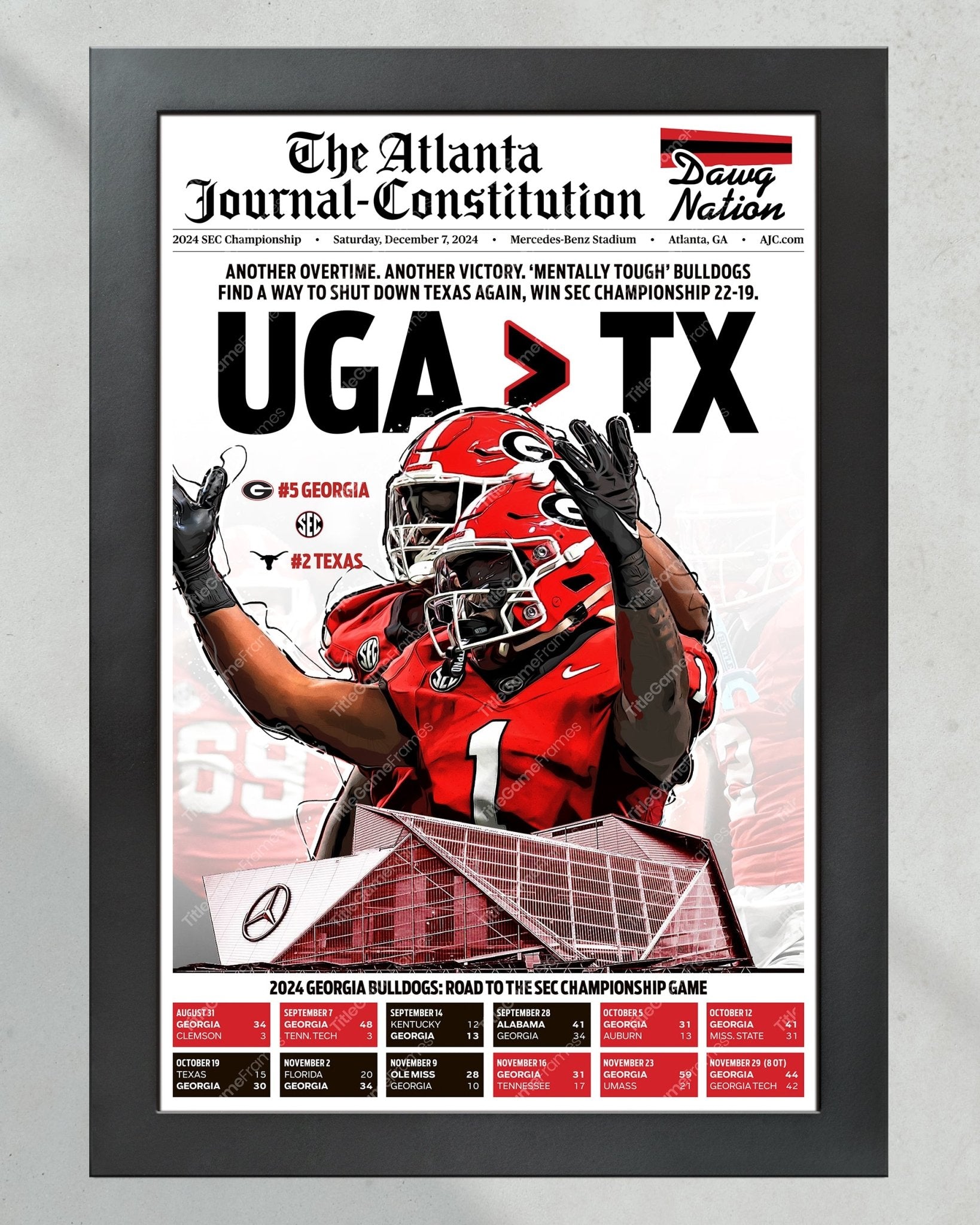 2024 Georgia Bulldogs SEC Championship 'UGA > TX' Victory Over Texas Framed Newspaper - Title Game Frames